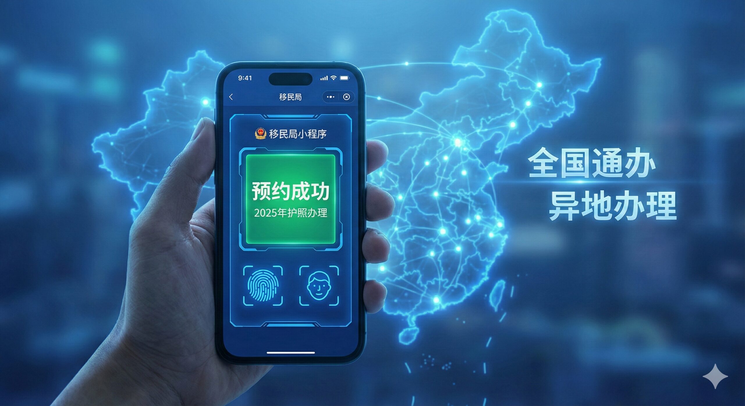 一张充满科技感和便捷性的概念图，展示智能手机上的‘移民局’小程序或在线预约界面。一只手正持有手机进行点击操作，屏幕上显示预约成功的绿色确认界面。背景虚化，隐约可见中国地图的轮廓线条，连接着不同城市，象征‘全国通办’和‘异地办理’的便利政策。