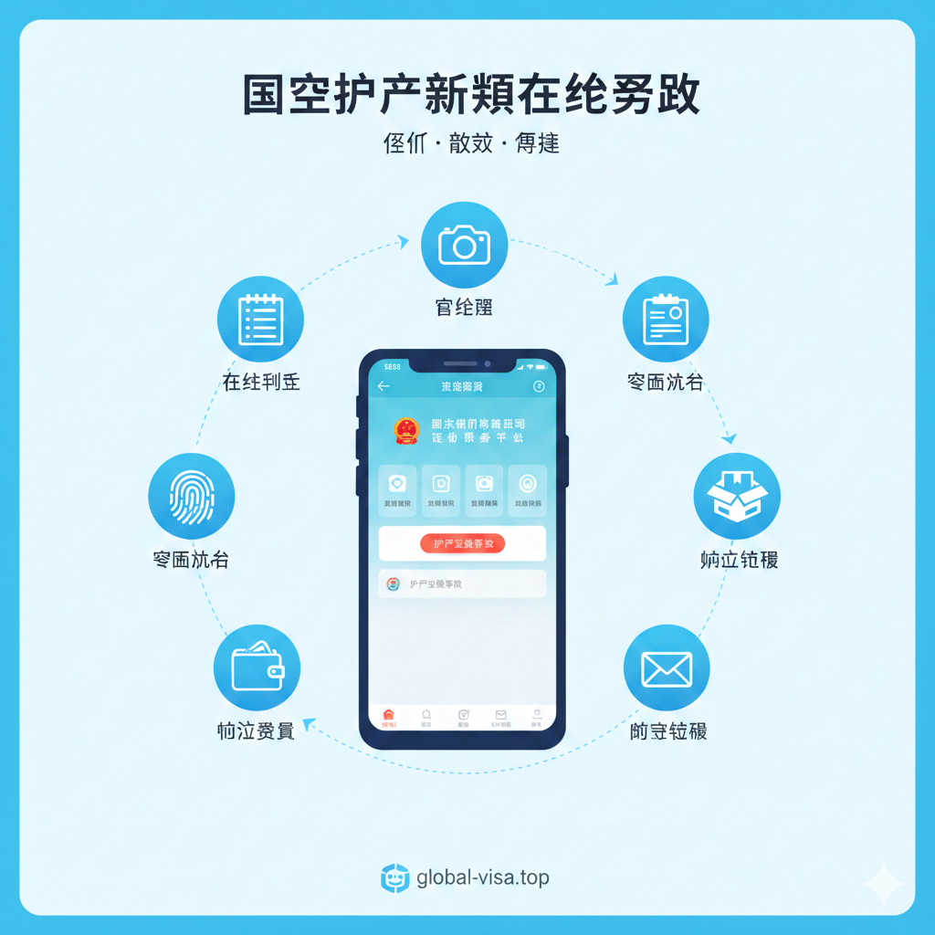 一张清晰的扁平化风格或微立体风格的流程示意图。画面中心是一部智能手机,屏幕显示“国家移民管理局”或预约界面的UI示意。围绕手机分布着五个图标节点,分别代表:在线填表、现场照相、指纹采集、缴费、邮寄领取。图标之间用流畅的虚线连接,背景干净整洁,使用清新的科技蓝配色,旨在让用户一眼看懂“五步到位”的办理流程,消除畏难情绪。