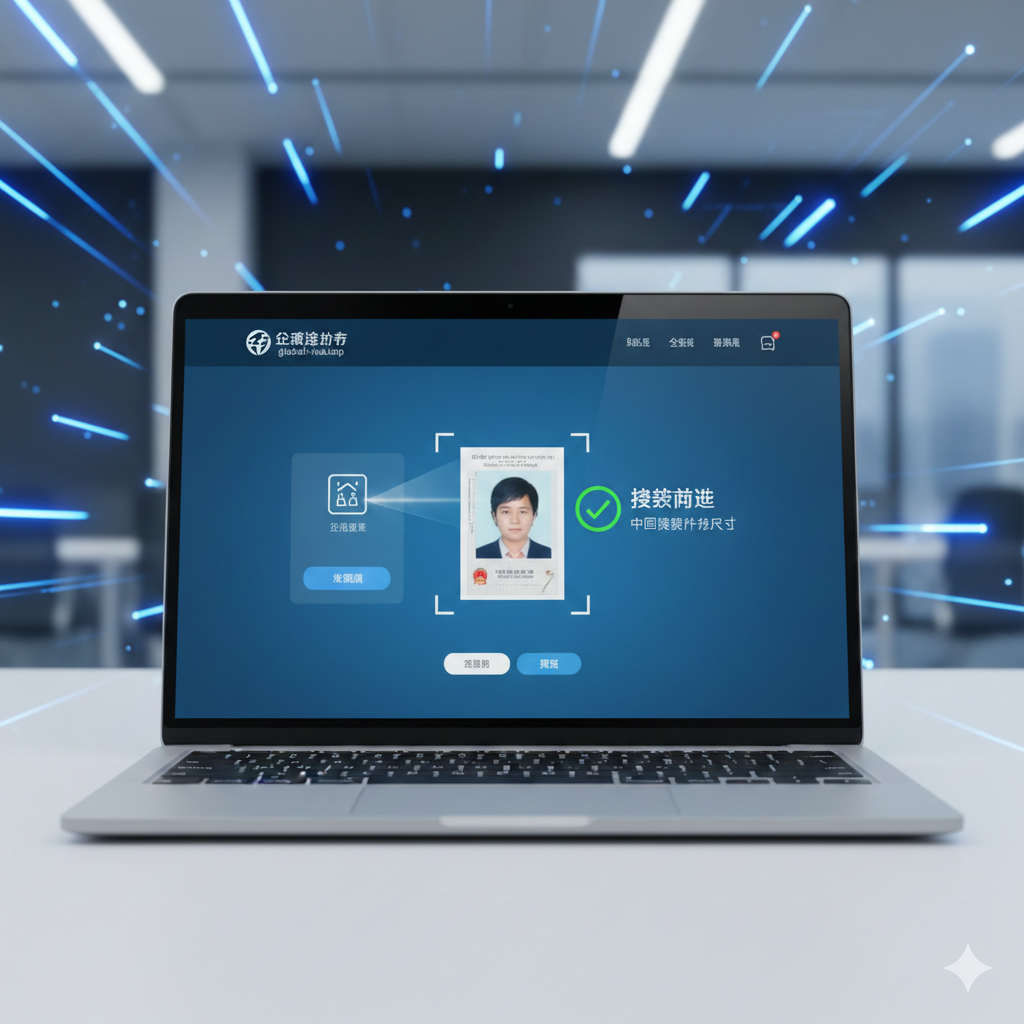展示在线照片核验工具优势的科技感图片,画面主体是一台笔记本电脑或智能手机屏幕,屏幕上显示着global-visa.top的照片上传界面,一张证件照正在被扫描,并在旁边显示绿色的'检测通过'或'合格'字样。背景为模糊的现代办公环境,色彩以科技蓝和白色为主,传达出快速、智能、精准的工具特点。
