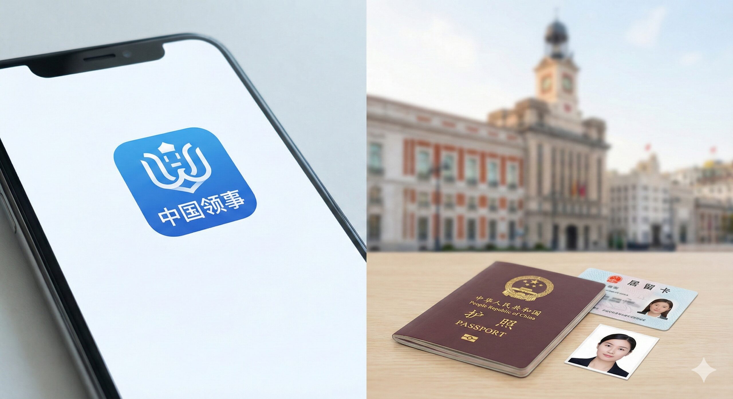 展示海外华人处理证件的场景图。画面分割为两部分，左侧是一个智能手机屏幕特写，屏幕上显示着'中国领事'APP的模拟图标或界面，右侧是虚化的海外标志性建筑或使领馆背景。桌面上摆放着护照、居留卡和白色背景的证件照，强调准备工作的必要性。风格现代、简洁，突出身在海外通过数字化手段解决护照问题的便捷性，色彩干净明快。
