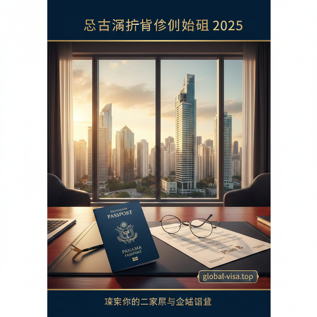 一张极具高端商务感的封面图,背景是巴拿马城现代化的摩天大楼天际线,透过落地窗在夕阳余晖下熠熠生辉,象征财富与机遇。前景是一张高级红木办公桌,桌上摆放着一本深蓝色的通用护照模型、一副金丝边眼镜和一份印有'Plan B'字样的精美文件。整体色调为深蓝与金色的搭配,营造出专业、权威且充满希望的视觉氛围,吸引高净值人群点击。