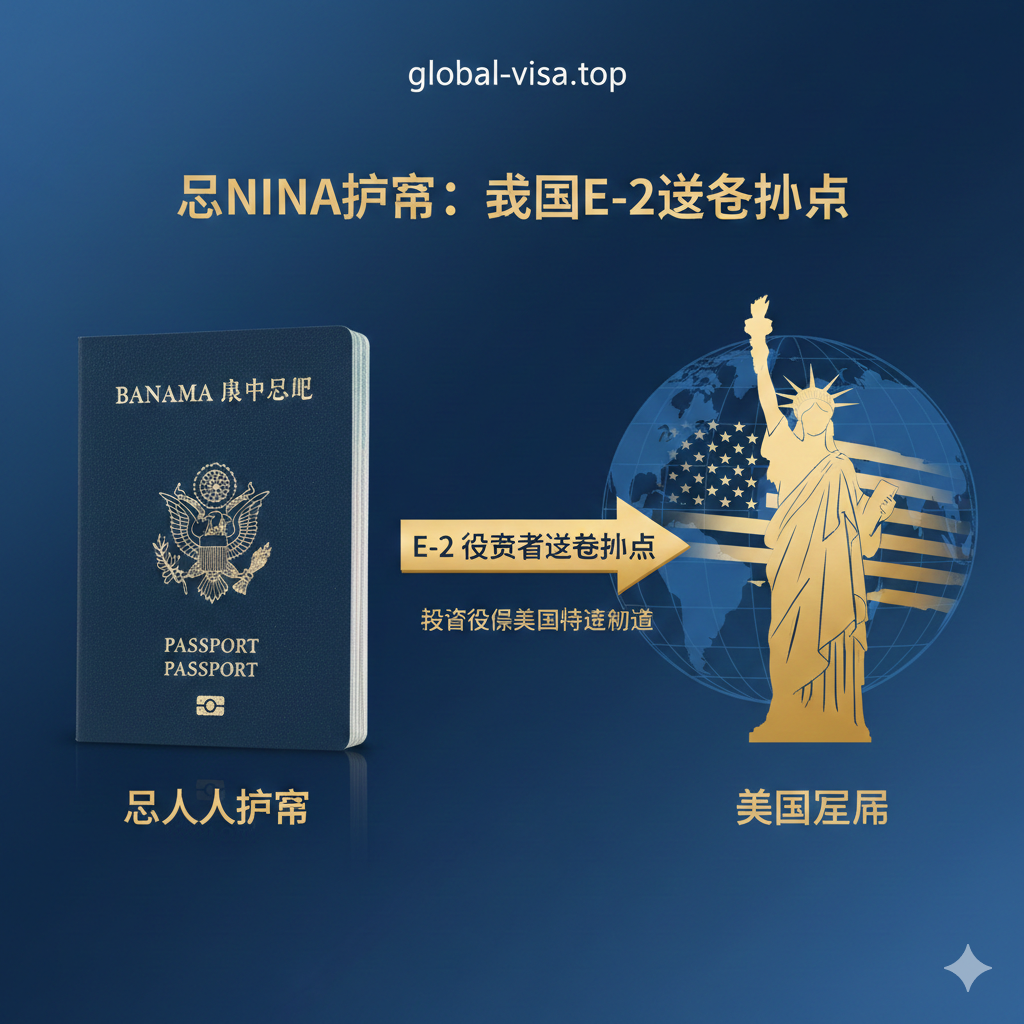 功能/特性图，着重突出巴拿马护照作为'美国E-2签证跳板'的核心功能。画面左侧是巴拿马护照，右侧是美国自由女神像或国旗的抽象剪影。中间用一条醒目的箭头连接，箭头下方标有'E-2 Investor Visa'字样。整体采用商务蓝色调和金色高光，体现专业性和高价值。构图清晰地展示了从巴拿马身份到美国居留的连接路径，强调其独特的投资移民价值。