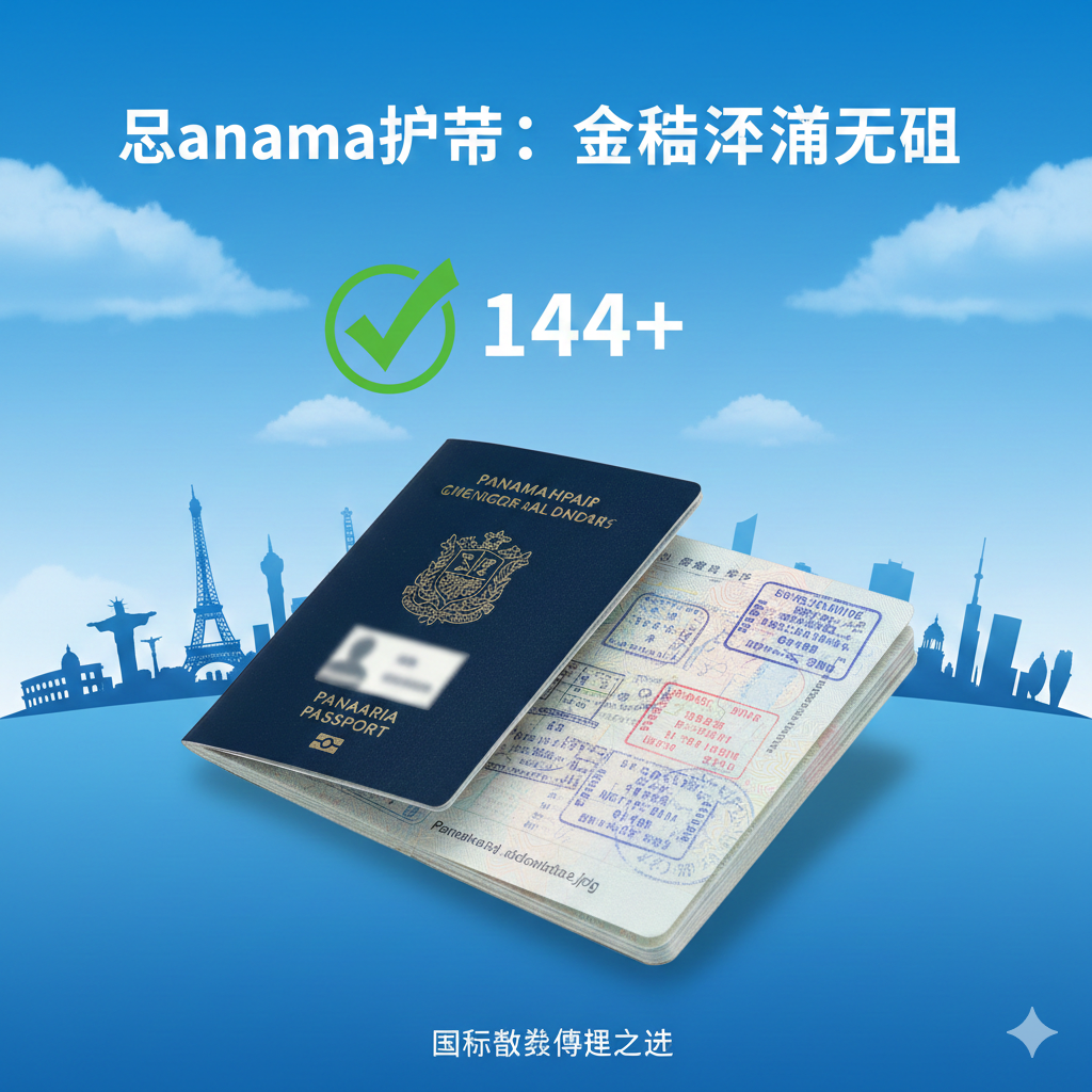 优势图，突出'巴拿马护照免签申根国'和拉美的商务通行优势。画面主体是巴拿马护照打开后，背景是欧洲和南美洲的著名地标剪影（如巴黎埃菲尔铁塔、里约热内卢基督像）。在护照上方叠加一个代表'免签'的绿色✔图标和'144+'数字。色彩明亮，以蓝天和旅行的意境为主，强调'全球通行便捷'和'国际商务利器'的优势，体现自由和高效。