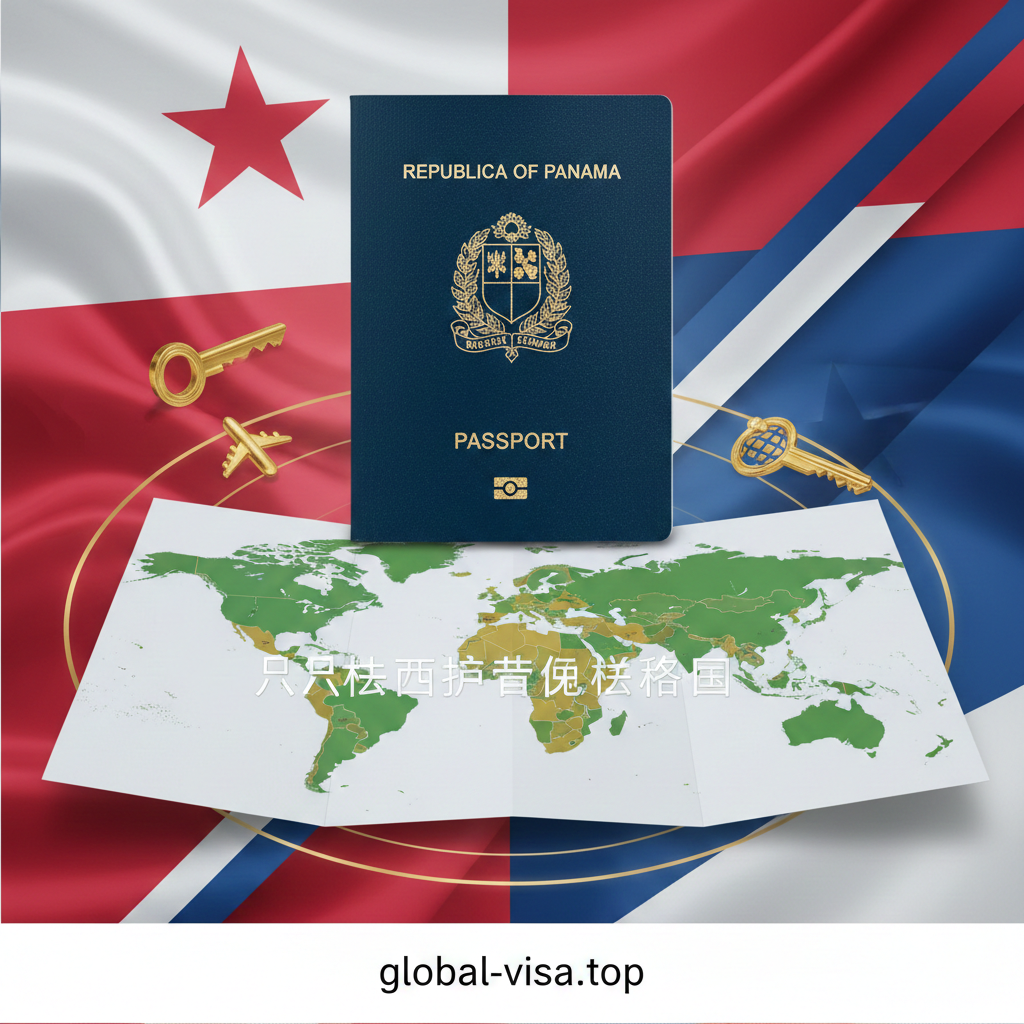 主体是一个醒目的、带有巴拿马国徽的护照，置于一张展开的世界地图上。护照的金色国徽和'REPUBLICA DE PANAMA'字样清晰可见。世界地图上，申根区、英国、以及南美洲各国被高亮标记为绿色或金色，象征'巴拿马护照免签国家'。背景色采用巴拿马国旗的红蓝白，风格现代、高端，强调'金钥匙'和'全球通行'的主题。构图应将护照置于中心偏上，地图作为背景延伸。