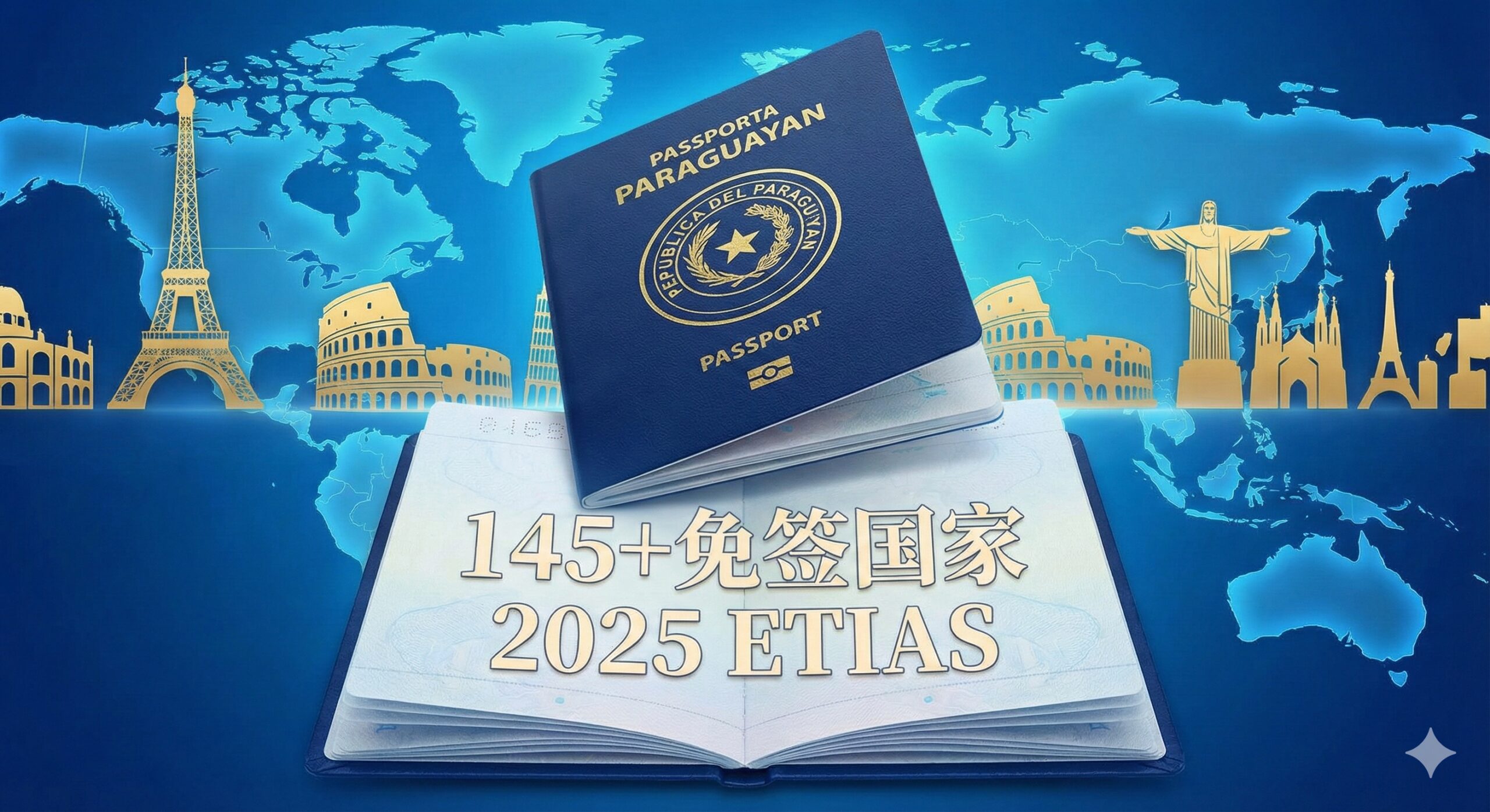 一张富有现代感和全球旅行主题的封面图。图片主体是一个展开的巴拉圭护照(深蓝色或深红色,带有巴拉圭国徽),背景是半透明的全球地图叠加着一系列欧洲(如埃菲尔铁塔、罗马斗兽场)和南美(如耶稣山雕像)的地标剪影。色彩采用鲜明的蓝色和金色调,强调护照的“高含金量”。护照上用浅色字体叠加关键词“145+ 免签国家”和“2025 ETIAS”。整体构图居中,视觉焦点集中在护照上,营造出高端、权威的视觉风格。