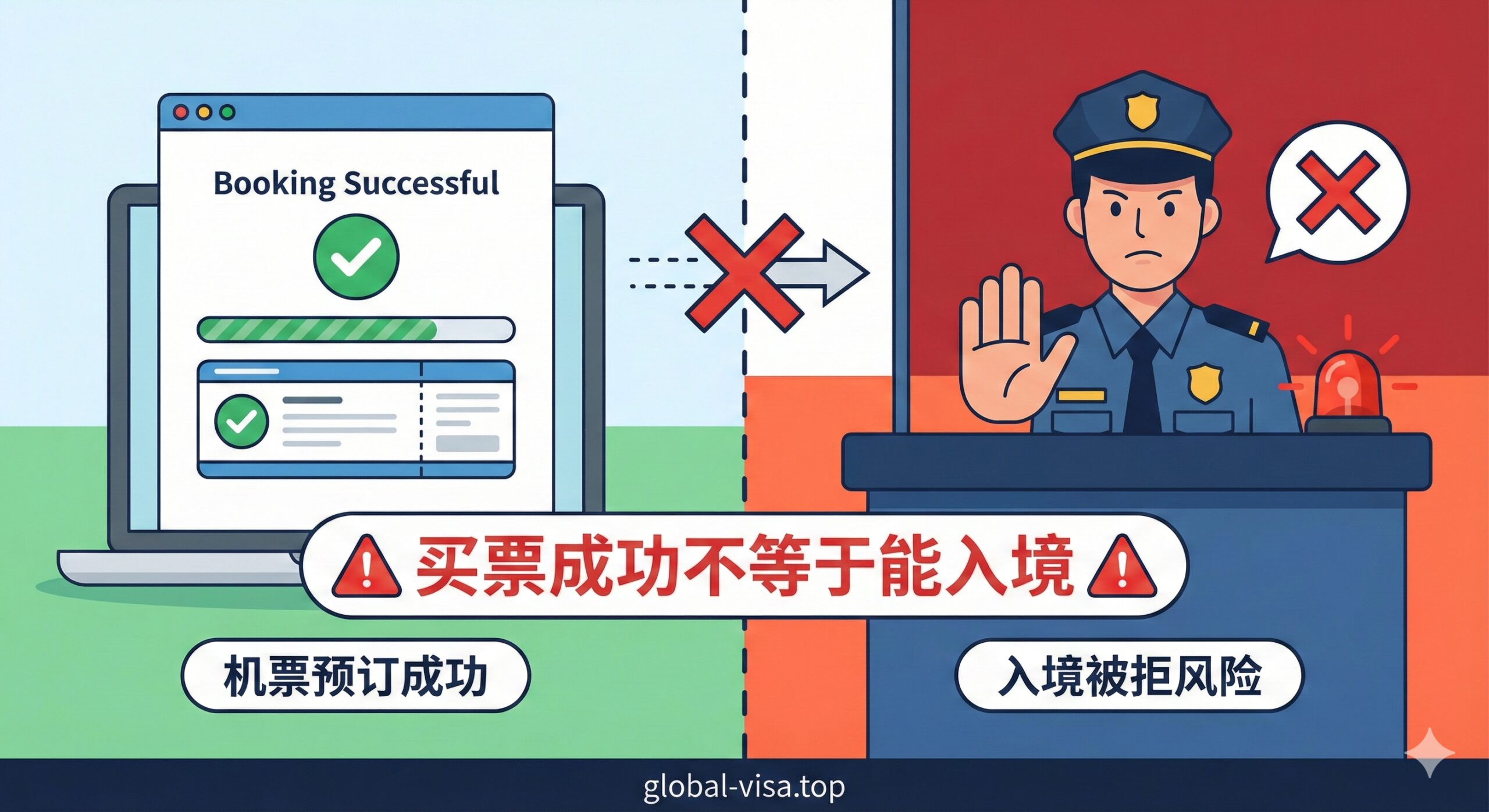 一张对比鲜明的分析图,展示航空公司系统与移民局要求的差异。左侧展示电脑屏幕上的机票预订成功页面,显示绿色对勾;右侧展示海关边检柜台(Immigration),一名严肃的移民官做出拒绝手势或红色禁止符号。中间用虚线分割,视觉化呈现'买票成功不等于能入境'的核心痛点,采用扁平化插画风格,易于理解。