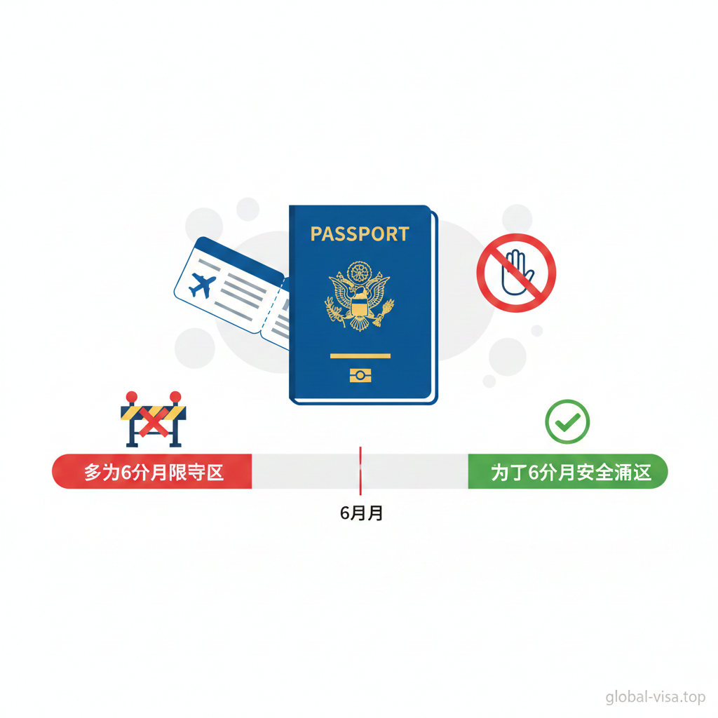 一张扁平化风格的概念插图,旨在直观解释'6个月规则'。画面展示一本打开的护照,一条视觉化的时间轴从护照延伸出来,前6个月被标记为红色的'限制区域'或'风险区',6个月之后则是绿色的'安全通行区'。背景融合了机场登机牌和禁止通行的红色路障图标,视觉风格清晰、简洁,配色采用警示性的红绿对比,帮助用户一眼看懂为什么有效期不足会导致拒载。