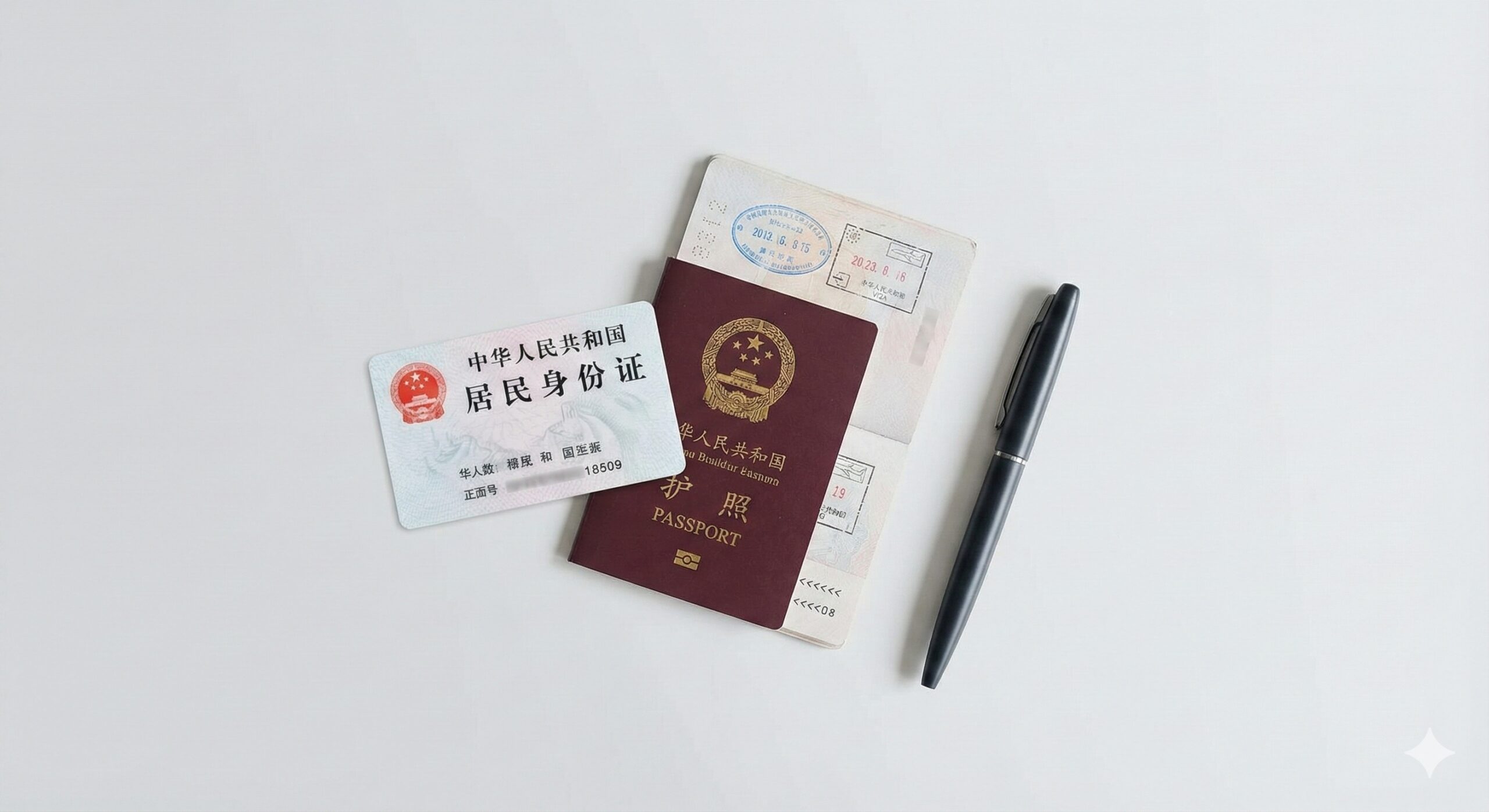 展示护照办理所需材料的极简主义风格平铺摄影图（Flat Lay）。在干净的白色或浅灰色桌面上，清晰地摆放着一张中国居民身份证（正面）和一本旧护照（暗示换发场景），旁边搭配一支精致的签字笔。光线明亮均匀，无杂乱阴影，视觉上强调“材料简化”和“仅需身份证”的政策优势，帮助用户一眼看懂核心准备工作，色彩清新自然。