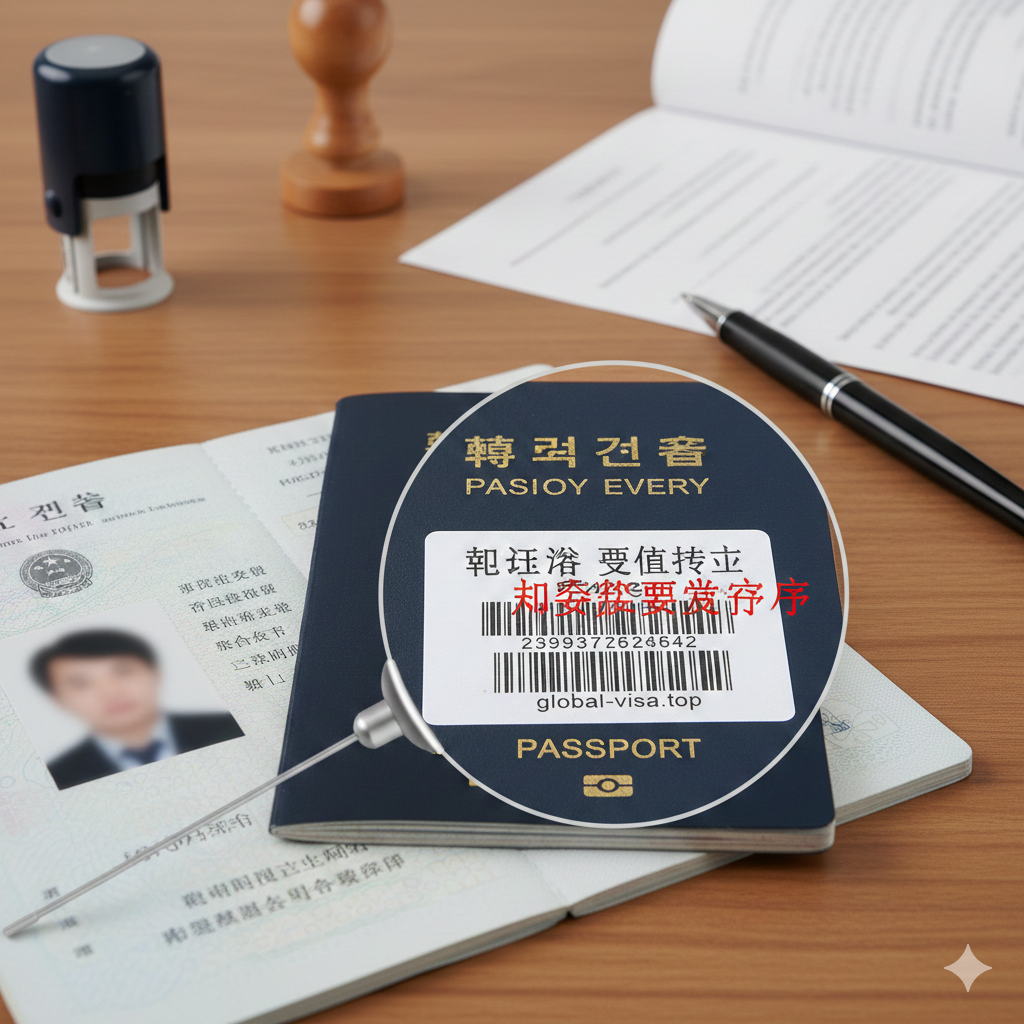 展示护照细节的高清特写图。左侧展示护照照片页（个人信息页），右侧特写护照背面的物流条形码贴纸。画面中出现一个放大的放大镜效果，聚焦在背面贴纸上，寓意对细节的深度解析。背景是整洁的办公桌面，放有印章和笔，体现签证审核的严谨性。色彩上强调清晰度和对比度，让读者一眼识别出'背面贴纸'这一核心讨论对象。