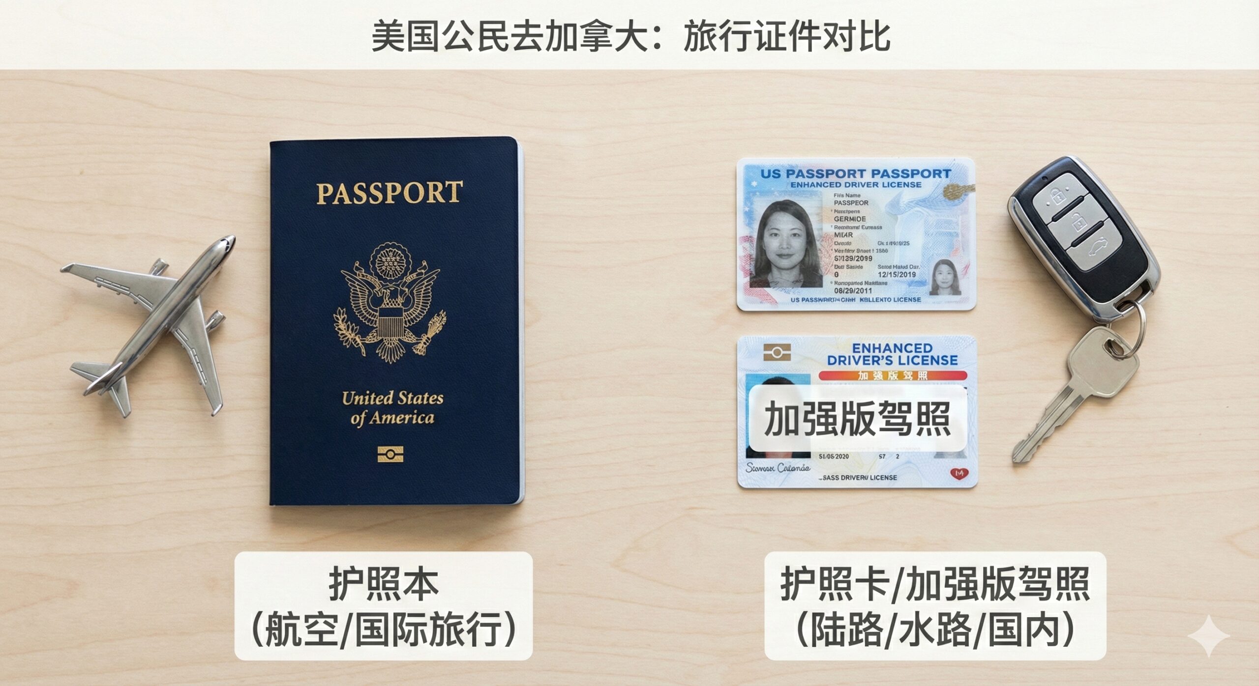 展示不同旅行证件的实物对比平铺图（Flat Lay）。在干净的木质桌面上，左侧放置一本美国护照本（Passport Book），右侧放置一张美国护照卡（Passport Card）和一张模拟的加强版驾照（EDL）。旁边分别摆放一个小型的飞机模型和一把汽车钥匙，通过视觉符号直观地传达“飞机对应护照本”与“汽车对应护照卡”的区别，风格极简且信息量大。