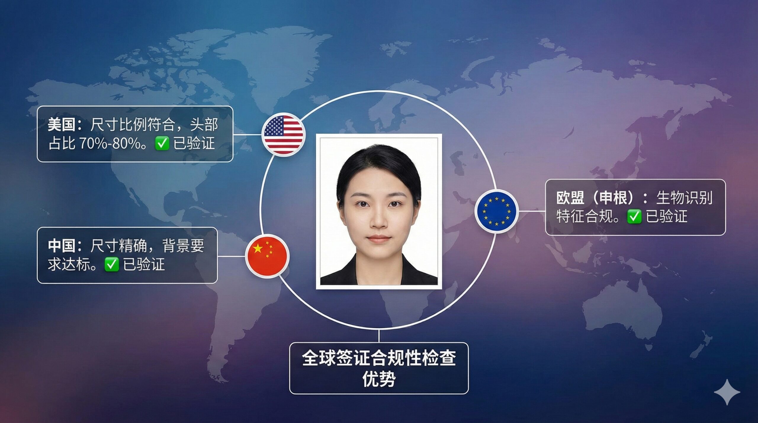 一张体现全球签证合规性的专业图表风格图片。画面中央是一张标准的证件照，周围环绕着美国、欧盟（申根）、中国等主要国家和地区的国旗图标。每个国旗旁都延伸出具体的数据线，标注出该国特定的尺寸比例要求（如头部占比70%-80%），并打上醒目的绿色“Verified”（已验证）对勾。背景使用世界地图的虚影，增强国际化服务氛围，体现平台对各国规则的精准掌握。
