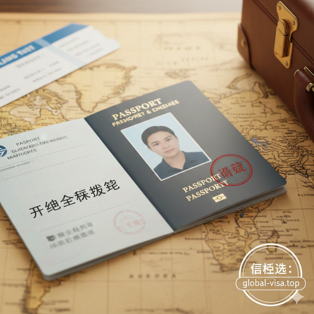 充满旅行期待感的实景生活风格摄影图。画面特写展示一本打开的真实护照放置在复古世界地图上，护照页面上贴着一张清晰、完美的照片，旁边盖着一枚清晰的“VISA APPROVED”印章。画面一角露出机票的一角和旅行箱的局部。光线温暖柔和，营造出顺利获签、即将开启旅程的愉悦氛围，并在右下角隐约展示global-visa.top的品牌信任徽章。
