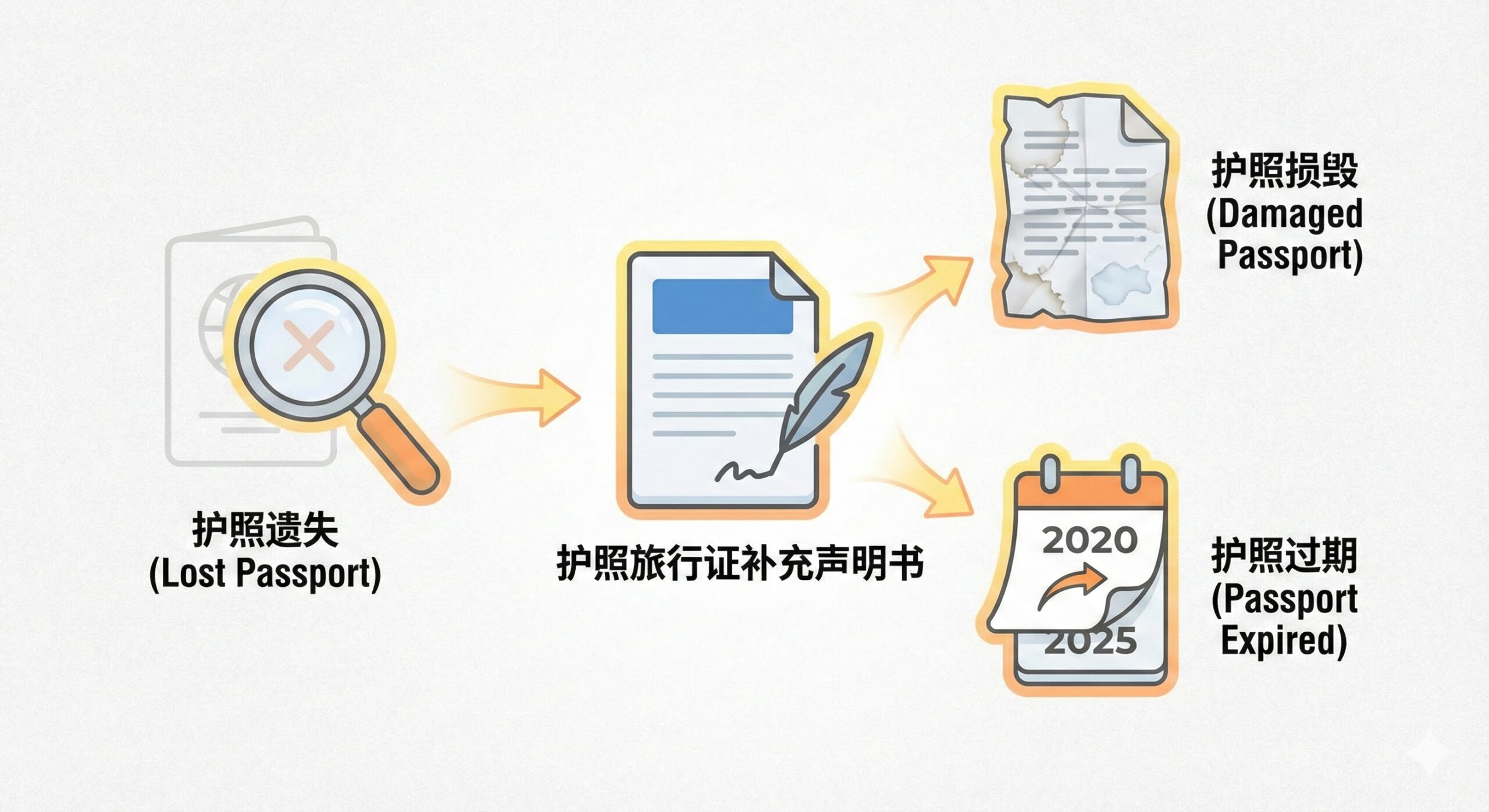 A conceptual composite image representing the three main reasons for needing the statement: a magnifying glass over a passport silhouette (lost), a slightly crumpled or water-stained paper texture (damaged), and a calendar page turning (long expired). These elements are arranged neatly around a central 'Statement Form' icon. The style should be clean, infographic-like but realistic, helping users visually identify their specific situation immediately, using caution colors like soft yellow or orange accents.