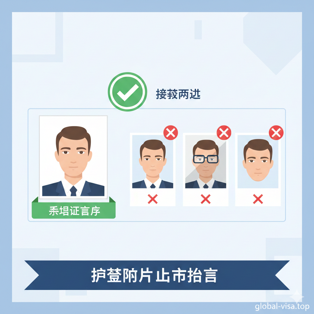 针对护照照片上传痛点的特写插图。画面左侧展示一张标准的证件照（白底、深色衣服、五官清晰），右侧展示几张常见的错误示例（如戴粗框眼镜、背景有阴影、头部比例过大），并打上红色的叉号。中间用一个绿色的盾牌或对勾连接，象征'检测通过'。风格采用扁平化或微立体设计，色彩明亮清晰，重点突出'白底'和'五官露出'的细节，帮助用户一眼看懂避坑指南。