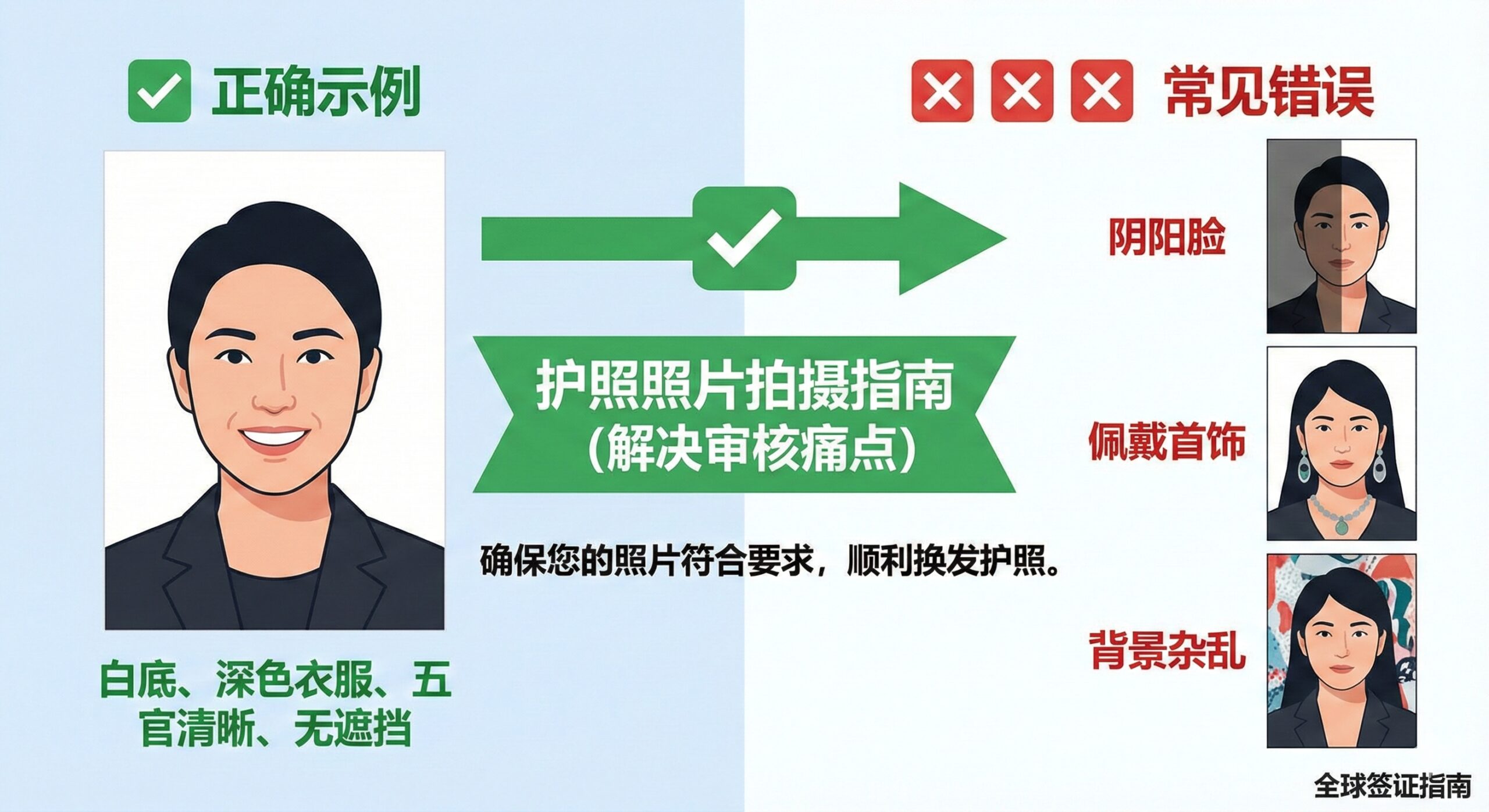 一张极具指导意义的对比图，用于展示护照照片拍摄要求。画面左侧是一张标准的证件照：白底、深色衣服、五官清晰无遮挡；右侧则是几张常见的错误示例（如阴阳脸、戴首饰、背景杂乱），并打上红色的叉号。中间用绿色对勾连接正确示例。设计风格扁平化且色彩鲜明，帮助用户一目了然地识别合规照片，解决'照片审核'这一最大痛点。