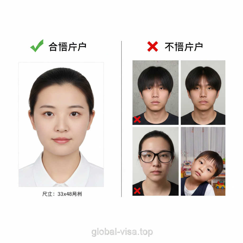 一张对比鲜明的教程图片，分为左右或上下两部分。左侧展示一张完美的合规照片（露耳、无刘海、光线均匀、纯白背景），打上绿色对勾；右侧展示几张常见的错误示例（如背景发灰、刘海遮挡眉毛、佩戴粗框眼镜、面部有阴影），打上红色叉号。用于'第二部分：拍摄细节'，直观指导用户避免错误。