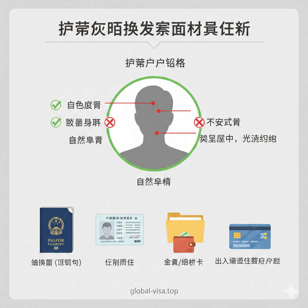 一张详细的护照照片规格与材料说明图,采用信息图(Infographic)风格。画面中心是一个标准的人像剪影,标注出白色背景、露出眉毛耳朵、不戴眼镜等关键要求,旁边打着绿色的对勾和红色的叉。周围环绕着身份证原件、剪角的旧护照等实物插画。色彩对比鲜明,背景为浅灰色,重点突出审核时的'避坑指南'细节。