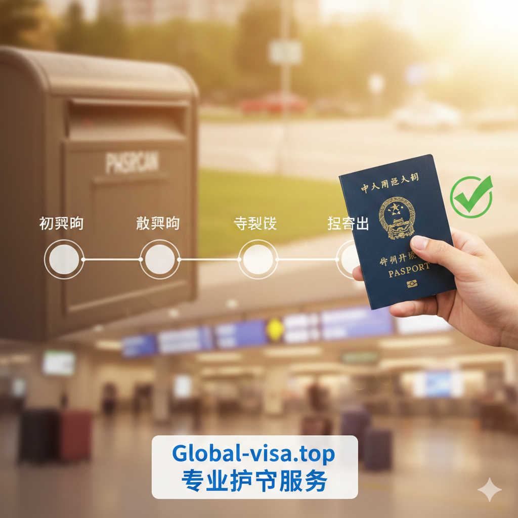 展示护照办理时间线与最终成果的总结性图片。画面中央是一个可视化的进度条图形，依次标记着‘初审中’、‘复审中’、‘待制证’、‘已寄出’四个节点，最终指向一本拿在手中的新护照。背景为虚化的美国居民区信箱或机场出发层，寓意护照到手、出行无忧。整体色调温暖、积极，给用户传递顺利通过审核的信心与Global-visa.top的专业陪伴感。