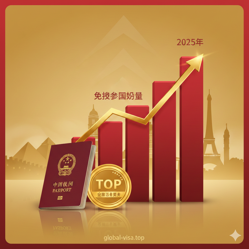 优势图片用于展示中国护照'含金量'的上升趋势。核心元素是一个向上倾斜的、带有箭头的折线图或条形图，象征着中国护照的免签国数量或全球排名在2025年持续增长。背景中可以有微弱的、象征世界各国的地标剪影。画面前方有一本中国护照和一个醒目的'TOP'徽章，强调其全球流动性的显著提高和网站数据的权威性。整体构图向上、积极，采用金色和红色作为点缀色，突显成就。