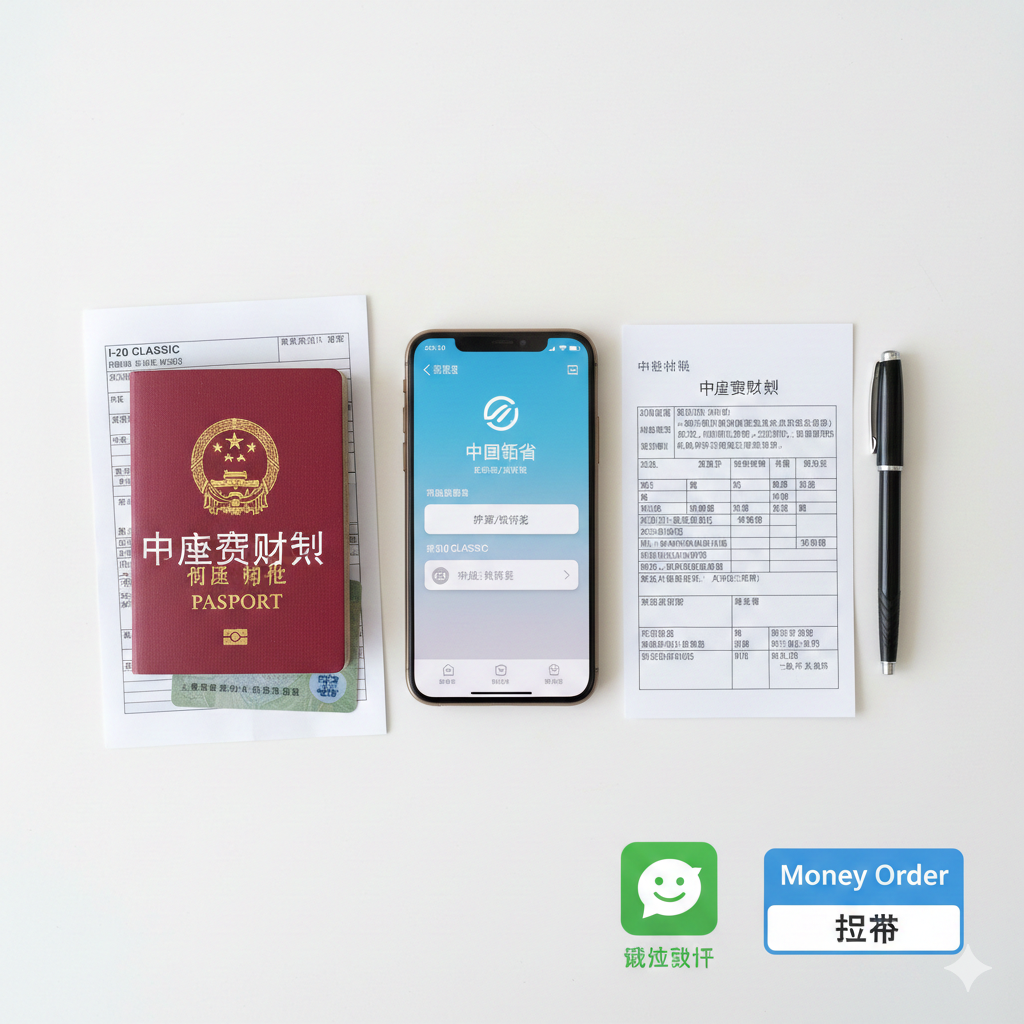 展示办理护照所需核心材料的平铺风格（Flat lay）摄影图。在整洁的白色桌面上，有序摆放着一部显示‘中国领事’APP界面的智能手机、一本旧的中国护照、一份I-20表格或绿卡复印件、一张水电费账单以及一支签字笔。画面右下角叠加微信支付（WeChat Pay）和Money Order的图标元素，视觉清晰直观，强调‘准备工作’的条理性，帮助用户一目了然地核对所需清单。