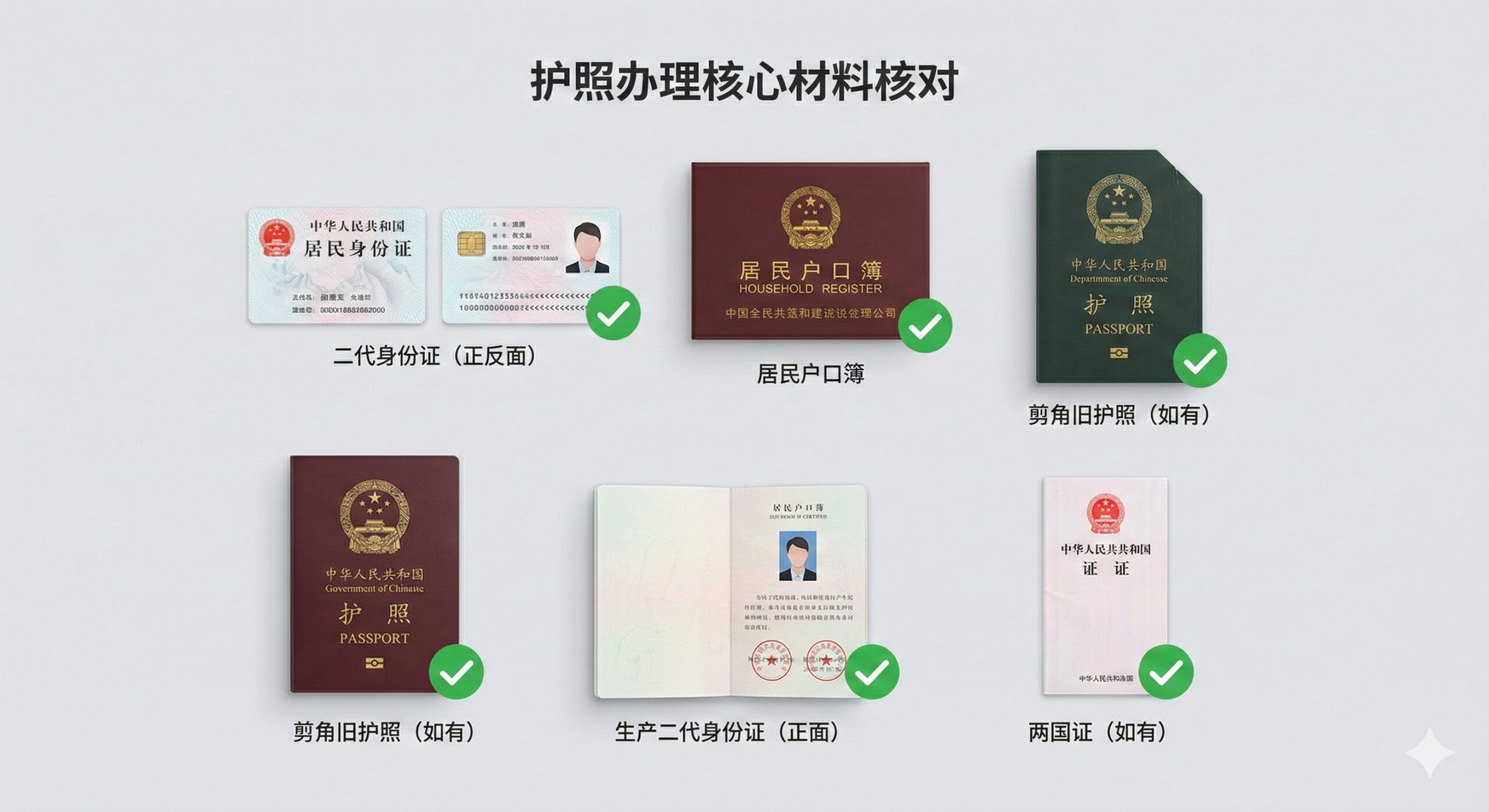 一张清晰的各种证件实物组合图或高写实3D渲染图，用于展示办护照所需的核心材料。画面中整齐排列着二代身份证（正反面）、户口本以及一本剪角的旧护照。背景采用纯净的浅灰色或淡蓝色，每个证件旁边配有一个极简设计的绿色对勾图标，象征‘材料核对通过’。