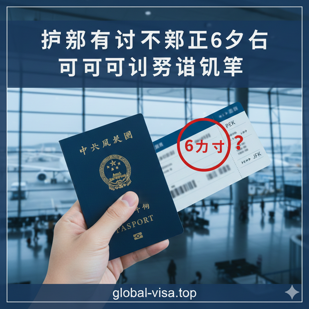 一张极具视觉冲击力的封面图,背景是现代化的国际机场出发大厅,模糊处理以突出前景。前景特写一只手拿着一本护照,护照旁边悬浮着一张机票和一个醒目的红色警告图标,图标上带有'6 Months'字样和问号。光线明亮专业,色调采用Global Visa品牌的深蓝色与白色搭配,传达出旅行前的紧迫感和证件检查的重要性,引导用户点击阅读。