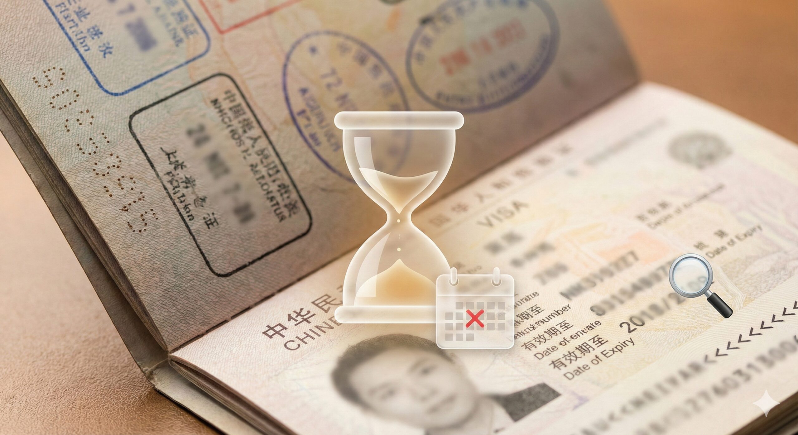 特写镜头展示护照内部细节,重点聚焦在签证页和有效期截止日期的位置(文字信息做模糊处理以保护隐私)。画面中巧妙融入一个半透明的日历图标或倒计时沙漏元素,视觉化表达“有效期不足6个月”或“签证页用完”的概念。风格严谨细致,景深较浅,突出护照纸张的质感和印章的细节,帮助用户直观理解为何需要换发或补办护照。