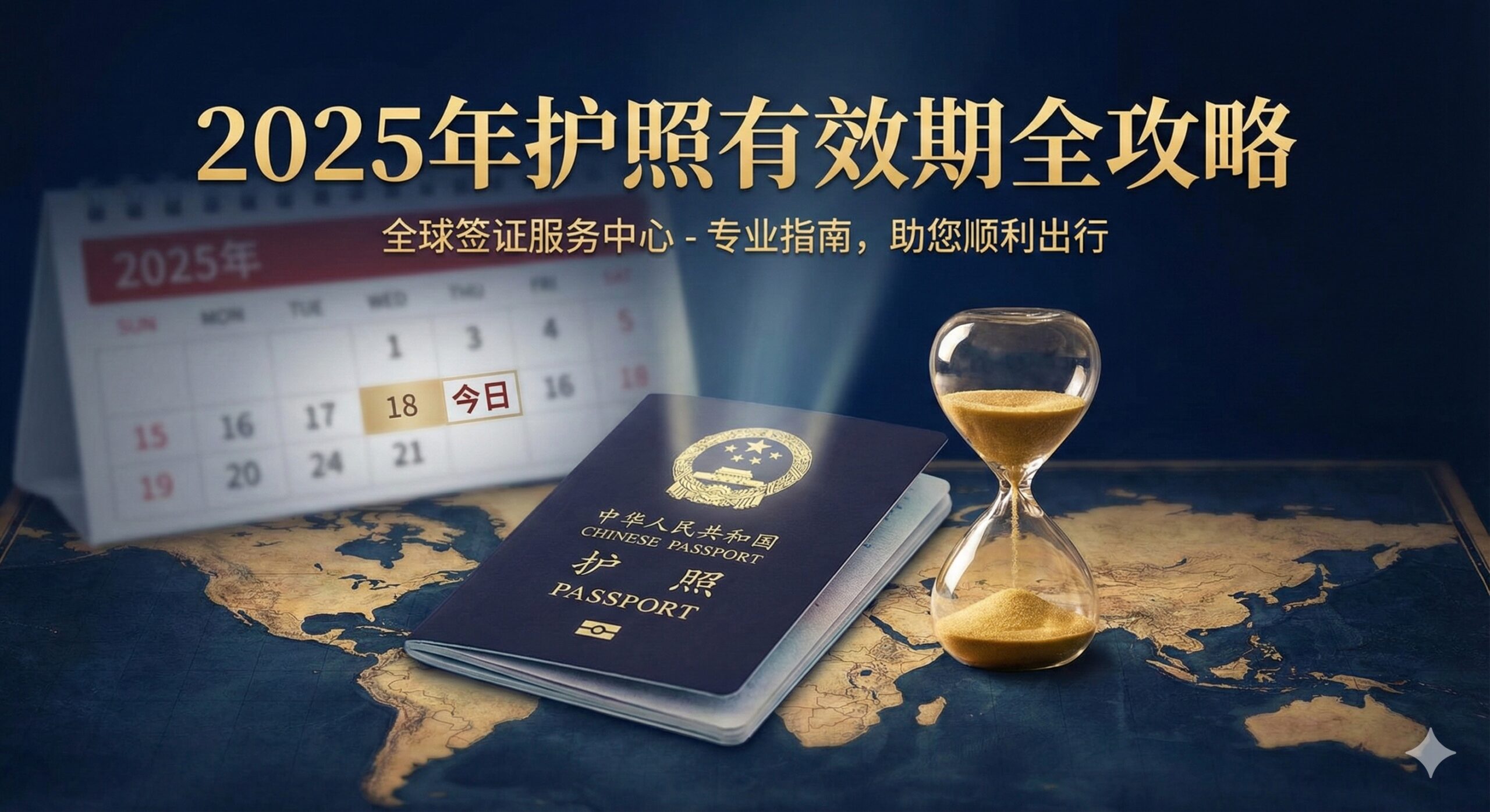 一张具有权威感和紧迫感的封面图。画面中心是一本放在世界地图上的中国普通护照,旁边放置着一个精致的沙漏,沙砾正在流逝,象征着时间的紧迫性。背景中隐约可见2025年的日历页面,重点标记着今天的日期。整体色调采用专业的深蓝色与金色搭配,光线聚焦在护照封面的国徽上,营造出高端签证服务的氛围,适合作为《2025年护照有效期全攻略》的头图。