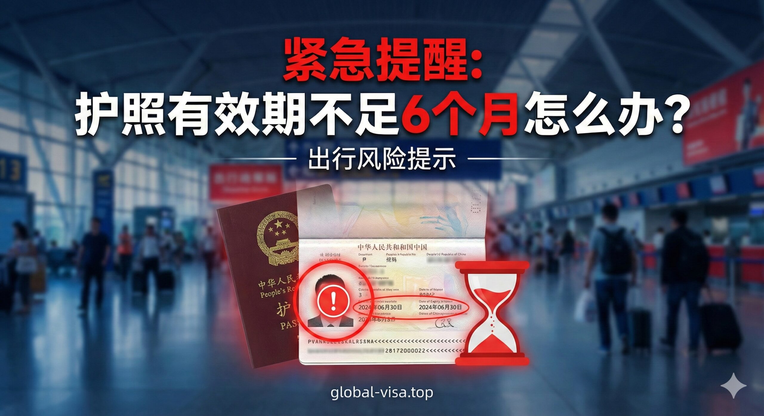一张极具视觉冲击力的封面图，背景为模糊的国际机场出发大厅。前景特写一本打开的中国护照，个人信息页的有效期位置被高亮聚焦，旁边放置一个红色的倒计时沙漏或红色警示感叹号图标，象征时间紧迫。整体色调采用专业蓝与警示红的对比，传达出'护照有效期不足6个月'的紧急感和重要性，引导用户关注出行风险。