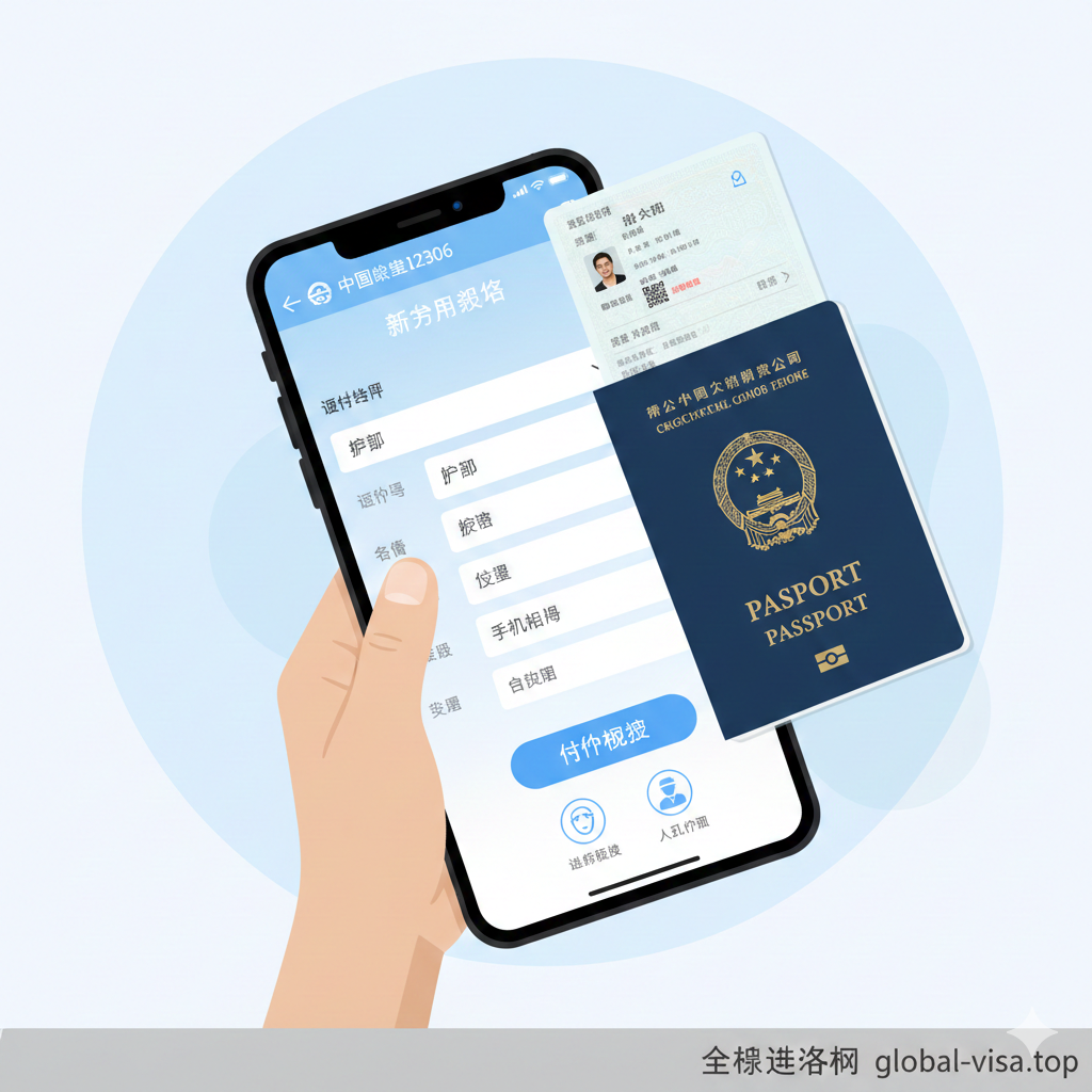 图片需聚焦于12306 App的护照注册认证功能。画面主体是一个拿着外国护照的手，将其靠近一个显示12306 App注册界面的智能手机屏幕。手机屏幕上突出显示“证件类型：护照”和“身份核验”的中文提示。风格采用扁平化或极简UI设计，配以浅蓝色或白色背景，象征官方与科技。辅以小图标，如人脸识别和人工窗口的符号，暗示线上/线下两种核验方式。色彩应清晰、专业，旨在指导用户完成实名认证这一核心功能。