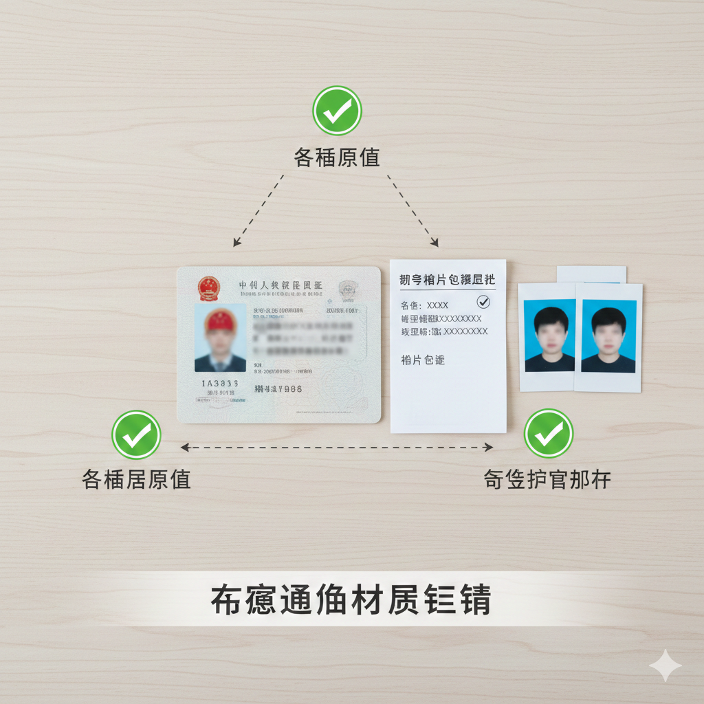 此图用于文章的“核心通用材料清单”部分。画面应展示办理护照必须的核心证件,采用平铺俯拍(Flat Lay)的摄影风格。中心放置一张中国居民身份证原件(注意模糊或替换敏感信息),旁边是一个写着“数字相片采集回执”的模拟回执单,以及几张符合标准规格的2寸护照照片。背景可以是简洁的木纹桌面或淡色背景,强调清晰、结构化的信息,用图标或箭头将这三项核心材料(身份证、照片回执、申请表)连接起来,体现Checklist的核对功能。