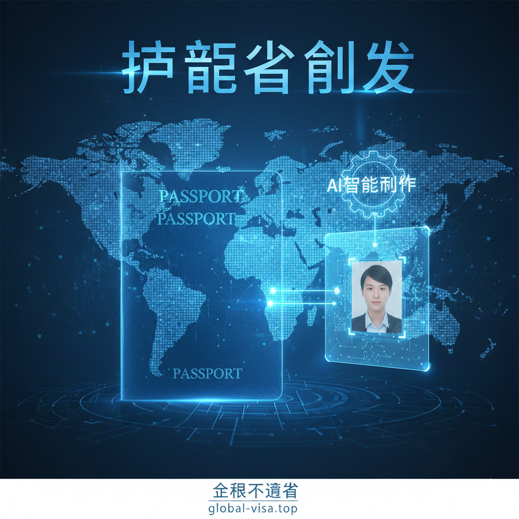 作为文章的封面图,应展示“AI智能制作”和“全球通行证”的概念。主色调采用Global Visa品牌常用的科技蓝和白色,营造专业、高效的氛围。画面中央是一个虚拟的、闪烁着光芒的电子护照,护照的背景融入了一个由数字线条和像素点构成的全球地图。AI元素通过一个流程图或一个悬浮的智能识别框来体现,识别框内是一个正在被AI优化和裁剪的证件照。构图应具有视觉冲击力,强调数字化、便捷和高通过率,标题关键词“护照生成”应以半透明形式融合在背景中。