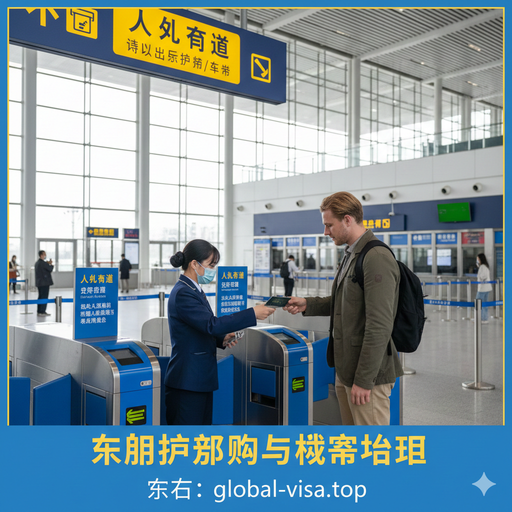 图片旨在演示护照进站检票的教程。画面应清晰展示一个高铁站人工检票口的场景。一位穿着制服的铁路工作人员正在仔细核对一位外国旅客的护照原件，而旅客正站在检票闸机旁。重点突出“人工通道”的标识（中文和英文），以及工作人员扫描护照的动作。构图应将焦点放在工作人员和旅客的互动上，背景虚化但仍能看出是现代化的车站大厅。色彩以明亮的车站灯光和安全色调（黄色/蓝色）为主，传达顺利通行的感觉。