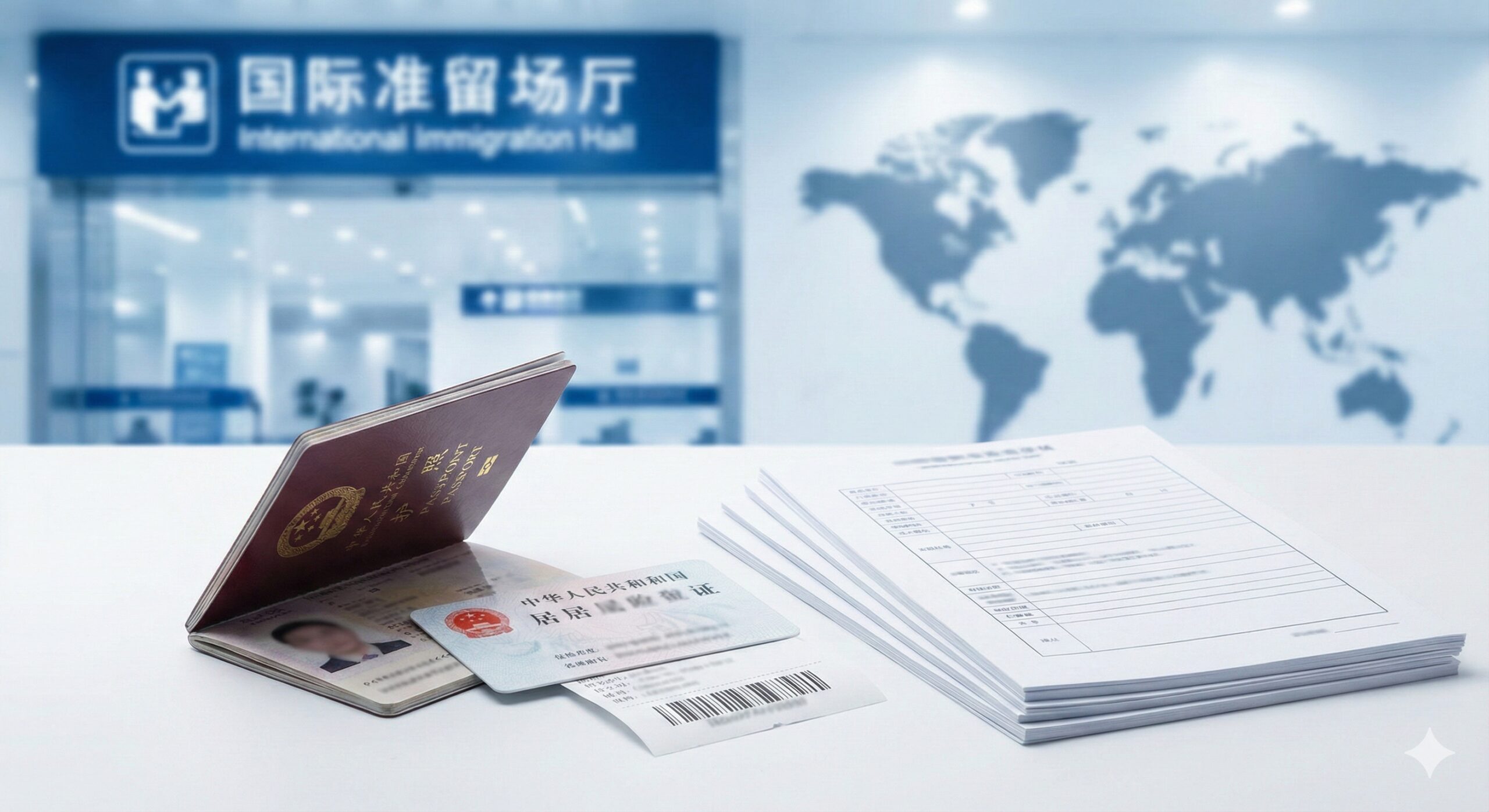 一张醒目的封面图，主色调应采用清新、值得信赖的蓝色和白色。画面中心是一本中国护照（深红色封面）打开，旁边放置着关键的办理材料：一张中国居民身份证、一份照片回执单的局部特写（能看到条形码），以及一小叠简化后的申请表格。背景虚化处理，隐约可见一个出入境大厅的指示牌和世界地图的轮廓。整体构图简洁，强调“必备材料”和“全球通办”的概念，提升文章权威感。
