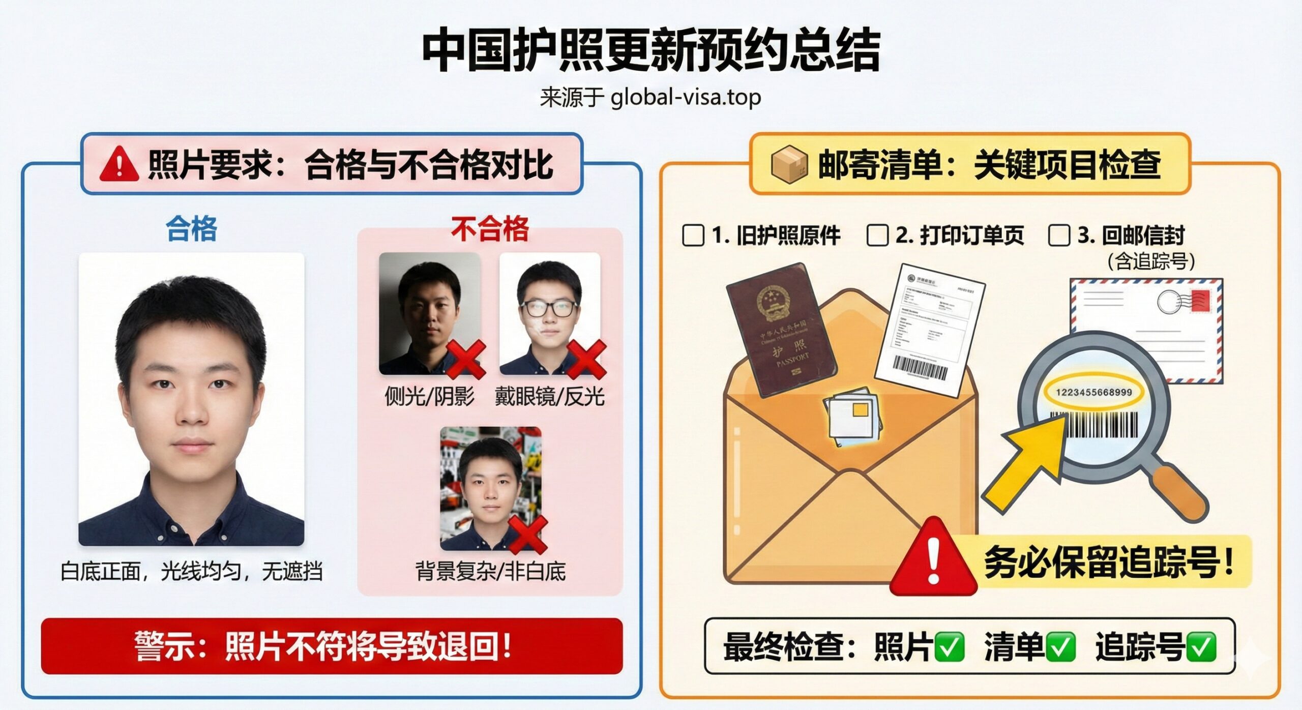 总结图片,重点聚焦于用户最常出错的两个关键点:照片要求和邮寄清单。左侧是专业护照照片的示例图(合格与不合格对比,如合格的白底正面对比不合格的侧光、戴眼镜或背景复杂的照片)。右侧是一个邮寄包裹或信封的图示,旁边列出三个关键邮寄项目:旧护照原件、打印订单页、回邮信封(Tracking Number),并用醒目的图标强调“Tracking Number”的重要性。整体风格实用、细节导向,色彩采用警示色(如红色或黄色)突出易错点,帮助用户最终检查。