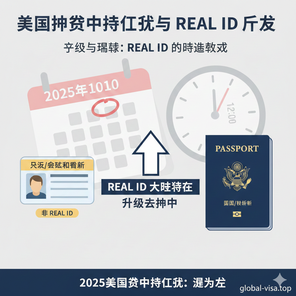 用于“申请与更新”部分的教程图,强调“REAL ID 法案的倒逼效应”和护照办理流程。画面主体为并列的两个图标:左侧是旧版驾照/州ID,右侧是美国护照,中间用一个向上的箭头连接,并配上“REAL ID Deadline”和“Switch to Passport”的文字,突出护照作为身份证明的便捷性。风格简洁明了,采用流程图设计,背景可以加入一个时钟或日历元素,提醒用户关注办理时间。