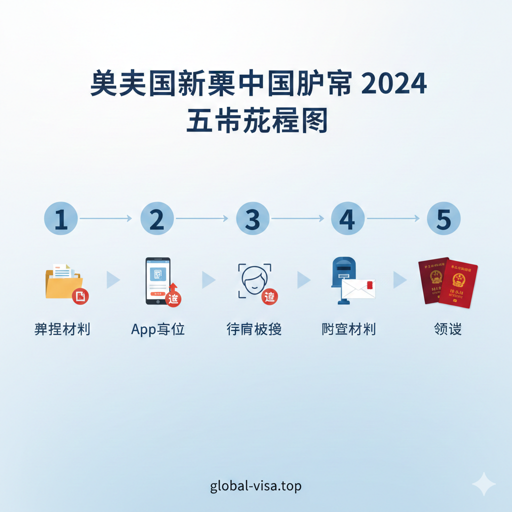 一个清晰的五步流程图，指导用户完成护照更新。使用醒目的数字1到5，分别对应文章中的五个核心步骤：1. 准备材料；2. App提交；3. 身份核验；4. 邮寄材料；5. 领证。每个步骤应配上简洁的小图标，例如：1. 文件夹；2. 手机；3. 人脸扫描；4. 邮筒或信封；5. 新旧护照对比。流程图应是线性的或循环的，背景应简洁明快，方便用户一目了然地理解整个更新路径。