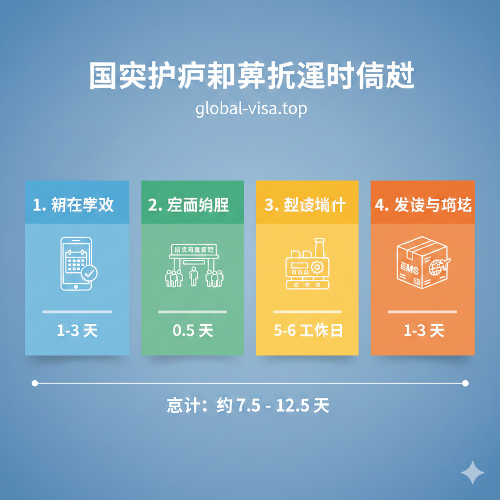 用于可视化全流程时间轴。采用横向或圆形的四步流程图设计:第一步“网上预约”、第二步“现场办理”、第三步“制证环节”、第四步“发证与物流”。每个阶段配上对应的小图标,如手机屏幕、出入境大厅门口、工厂流水线、EMS快递箱。用不同颜色的区块代表每个阶段所需时间(例如1-3天、0.5天、5-6工作日),清晰展示从头到尾的时间消耗,帮助用户理解“时间都去哪了”。