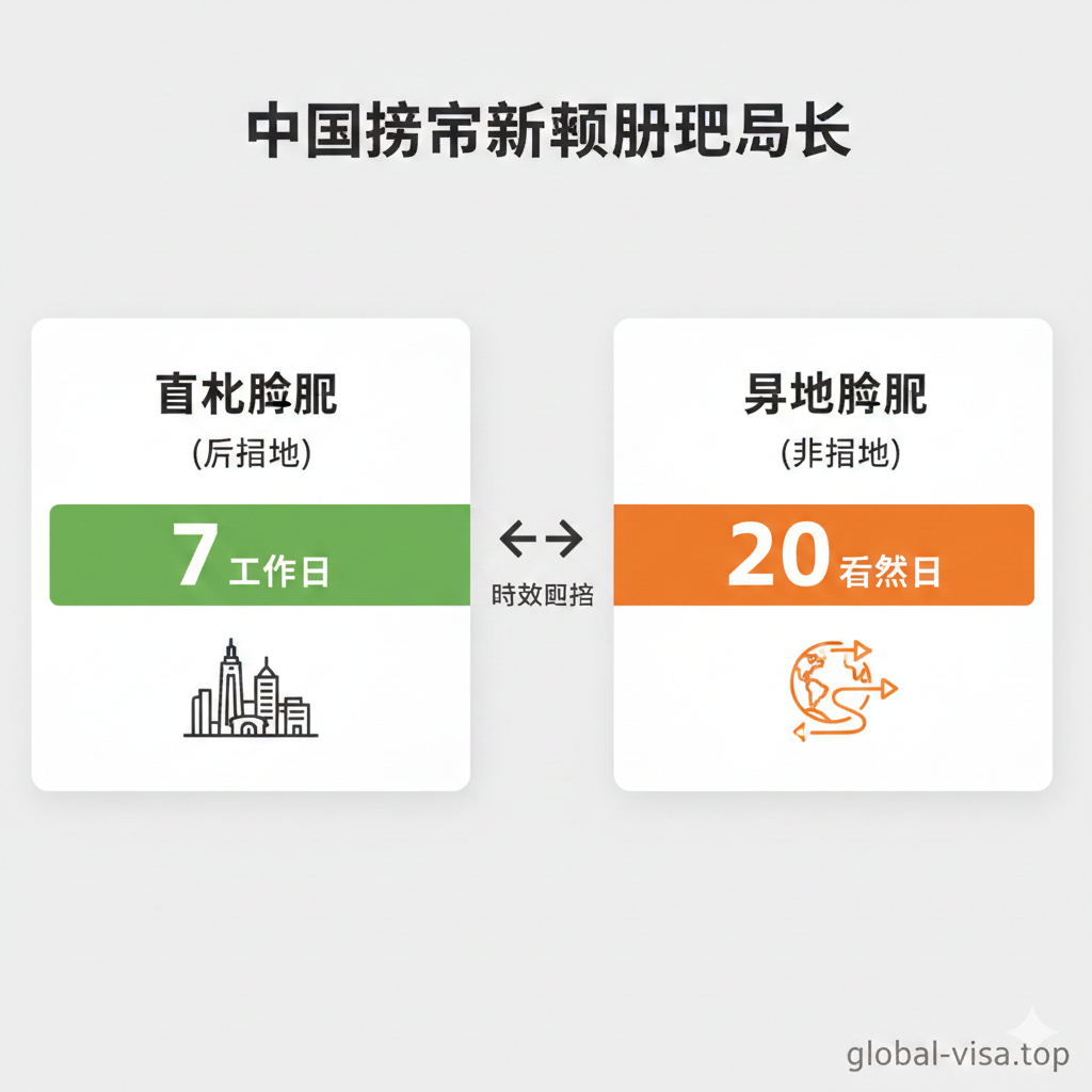 这张图用于详解“本地 vs 异地”办理时效差异。画面采用分屏或流程图的排版,左侧(本地)使用绿色进度条和“7工作日”的标签,配以简单的户籍地建筑剪影;右侧(异地)使用橙色或黄色进度条和“20自然日”的标签,配以地球或跨省交通路线图标。中间用一个箭头或对比符号连接,直观展示两种情况的时长对比。风格简洁,使用信息图表(Infographic)元素,强调关键数字和高效性。