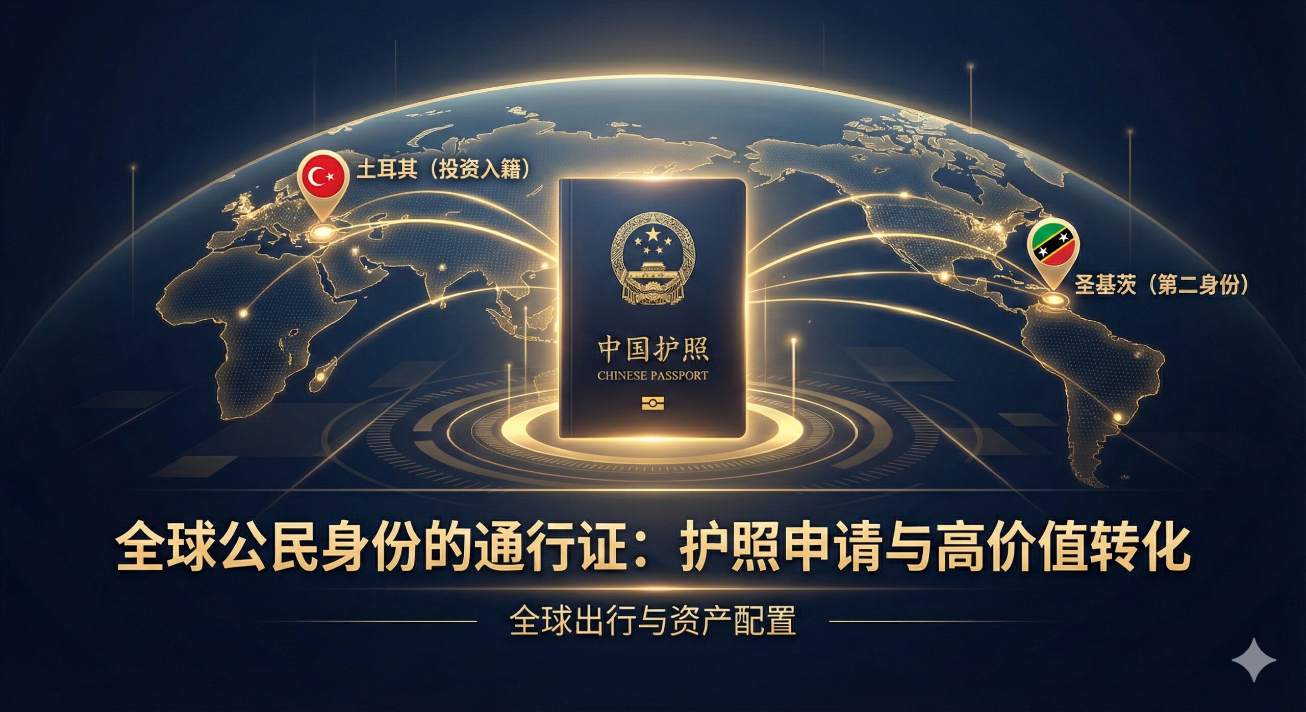 这张总结图旨在连接护照办理和“全球公民”的理念。构图中心是一本中国护照,从护照中发射出多条连接线,指向一个世界地图或地球仪。地图上标注着土耳其、圣基茨等热门投资入籍国家的旗帜或地理位置,强调从“护照”到“第二身份/全球出行”的升级。整体风格应是高端、有格局的商务感,使用深色背景和金色/亮色线条勾勒,体现高价值转化(High-Value Conversion)的主题,并暗示全球-visa.top的专业服务。