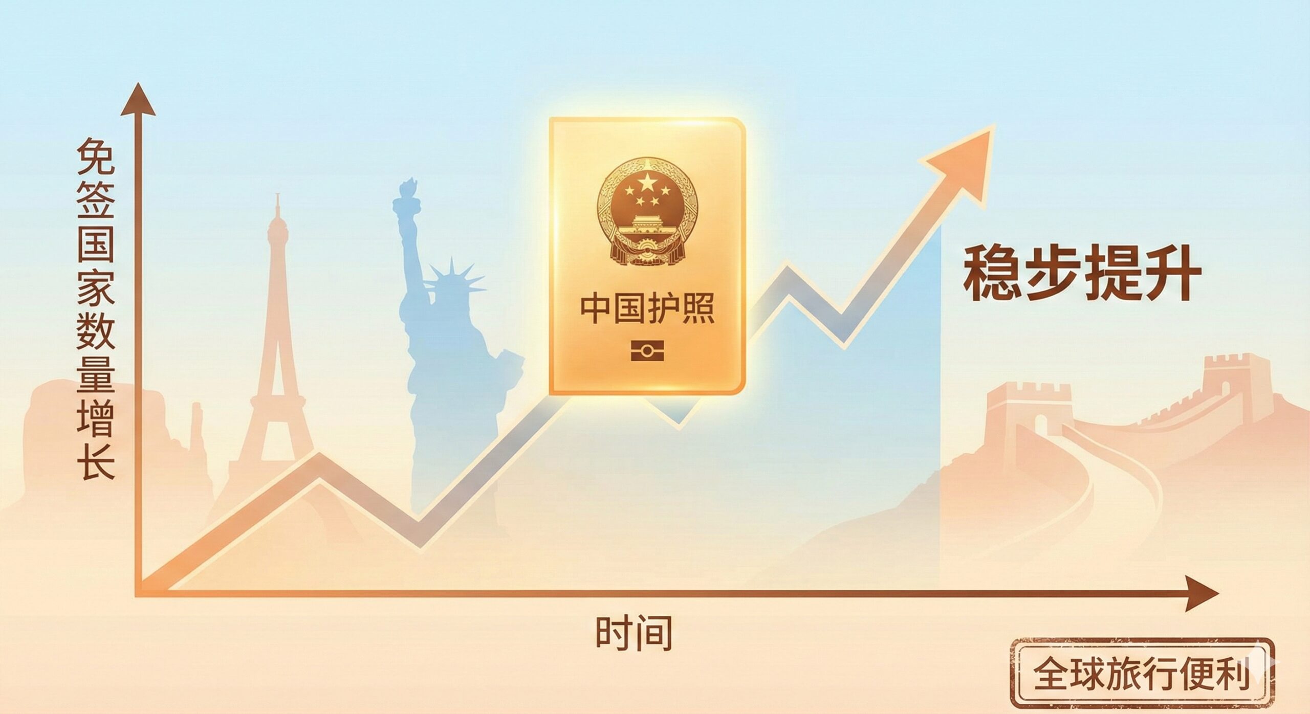 优势性图片，用于文章第六或第七部分，强调中国护照含金量的提升。画面为一个向右上角倾斜的增长曲线图表，代表免签国家数量的增加趋势，旁边伴随一个闪烁着金色光芒的中国护照图标，象征其价值的提升。背景可以隐约看到全球知名地标的剪影（如巴黎铁塔、自由女神像、长城），象征国际旅行的便利。风格为积极向上、数据可视化，突出中国护照含金量“稳步提升”的优势和主题，强调“说走就走”的旅行自由度。