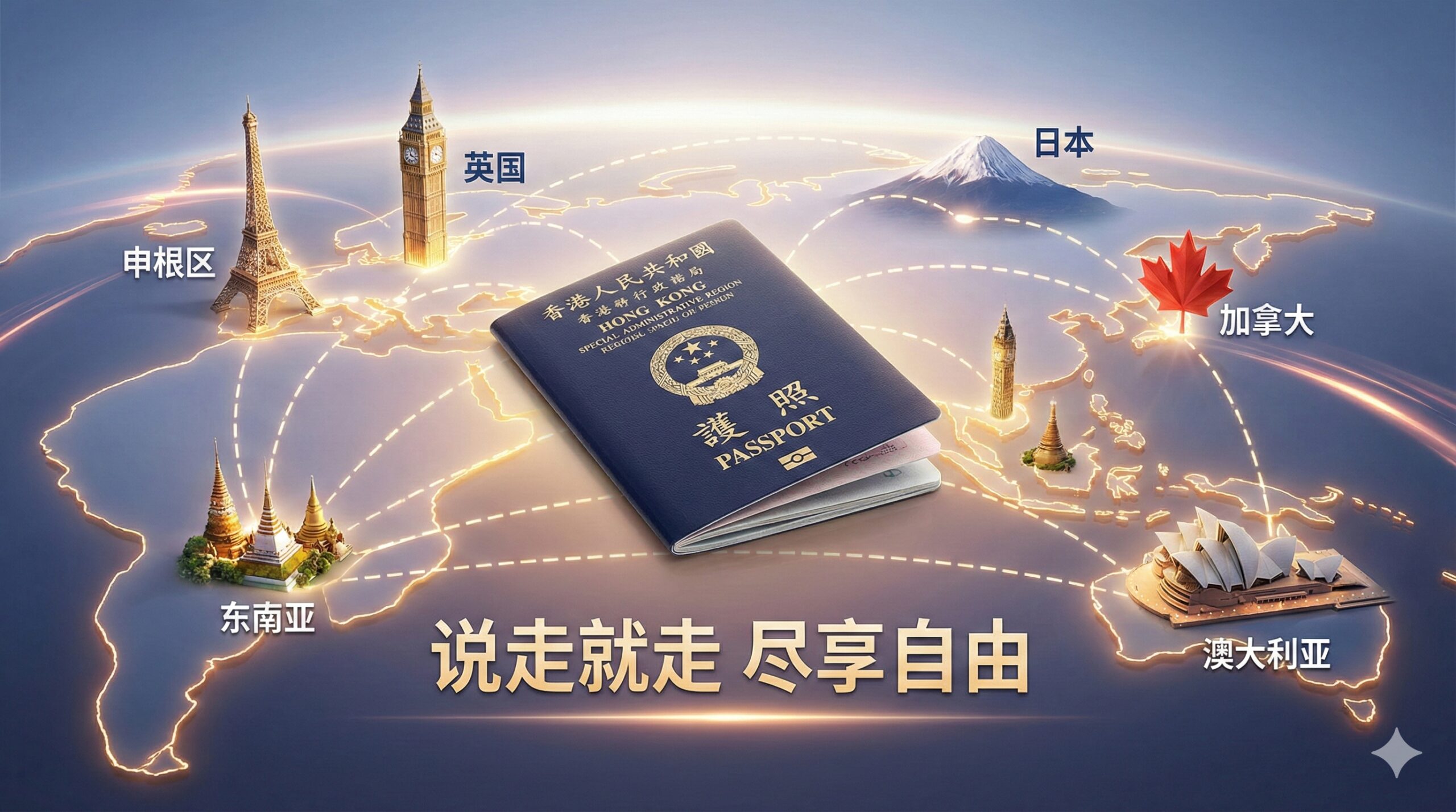 一张优势展示图,突出香港护照的全球通行便利性。中心是摊开的香港护照,周围环绕着世界各地地标的微缩景观或代表图标(如埃菲尔铁塔、富士山、加拿大枫叶)。地标图标应使用连接线或虚线与护照连接,象征免签的全球网络。在背景或地标旁标注关键免签地区名称(如'申根区'、'日本'、'英国')。整体构图具有动态感,强调'说走就走'的自由与高含金量。