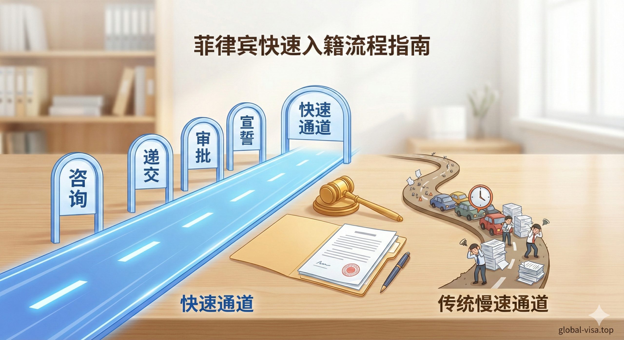 描绘菲律宾快速入籍流程的视觉指南图。画面以一条清晰的“快速通道”为视觉主线，路标上标注着“咨询”、“递交”、“审批”、“宣誓”等关键步骤，旁边对比着一条拥堵的“传统慢速通道”。背景是整洁的律师办公桌，摆放着钢笔、法律文件和印章，寓意流程的合法性与严谨性。光线明亮柔和，给用户一种高效、透明且可控的心理暗示。