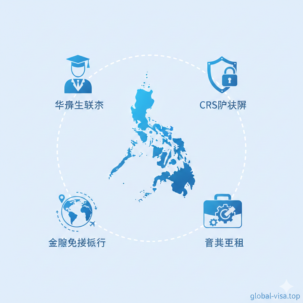 展示菲律宾护照四大核心价值的概念插图。画面中央是风格化的菲律宾地图轮廓，周围环绕着四个精致的3D图标：代表华侨生联考的学士帽、代表资产保护的盾牌（CRS防火墙）、代表免签旅行的地球仪以及代表商业便利的公文包。设计风格现代且扁平化，使用科技蓝和纯白配色，线条流畅，清晰地向用户传达出该护照在教育、税务和商业上的多重功能。