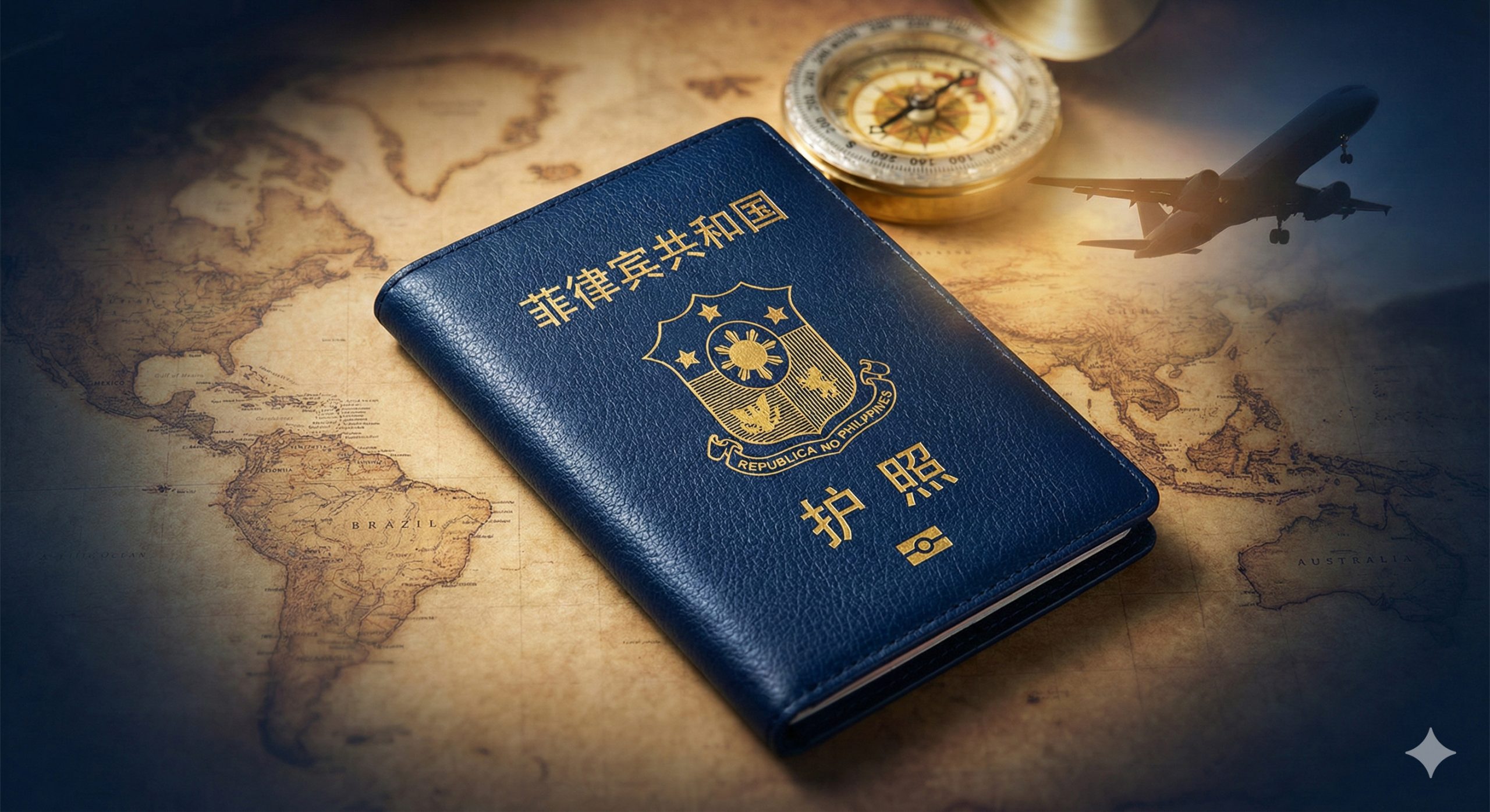 一张极具质感的高端封面图，画面核心是一本放置在复古风格世界地图上的菲律宾护照，护照封面细节清晰可见。背景中融合了起飞的飞机剪影和金色的罗盘元素，象征着全球通行和第二身份的战略指引。整体色调采用深蓝与金色搭配，营造出商务、权威且值得信赖的氛围，完美契合global-visa.top的高端移民服务定位，视觉焦点集中，构图大气。