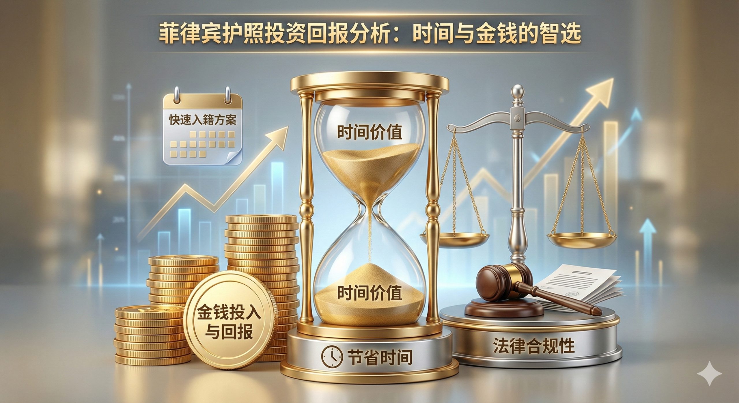 体现时间与金钱投资回报的分析图。画面主体是一个正在流动的金色沙漏，旁边整齐地堆叠着金币和一个象征法律公正的天平，寓意“寸金寸光阴”以及入籍项目的合法合规性。背景隐约可见日历和增长的金融图表，强调快速入籍方案的高性价比和对高净值人群的时间节省优势。色彩采用金属质感的金银色调，突显尊贵与财富管理的主题。