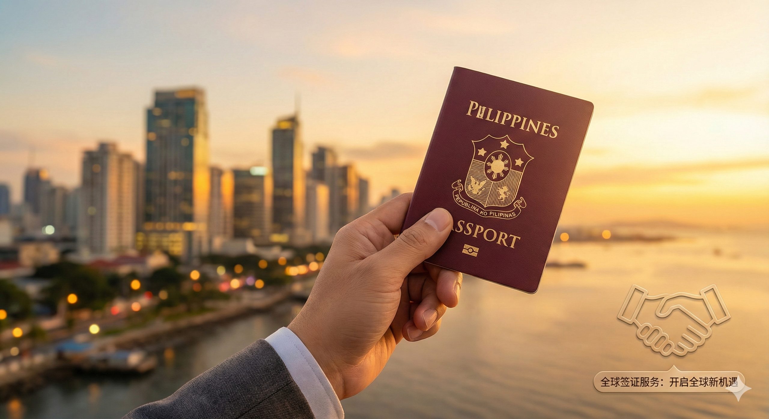 一张充满成功与希望的总结性图片。画面展示了一位商务人士手中自信地握着新办理的菲律宾护照，背景是马尼拉繁华的马卡蒂（Makati）天际线与温暖的夕阳交相辉映，象征着开启第二人生的无限可能。图片右下角带有含蓄的“Global Visa”品牌视觉暗示（如握手或专业服务场景），整体氛围温暖、积极，作为文章结尾强有力的行动号召（Call to Action）。