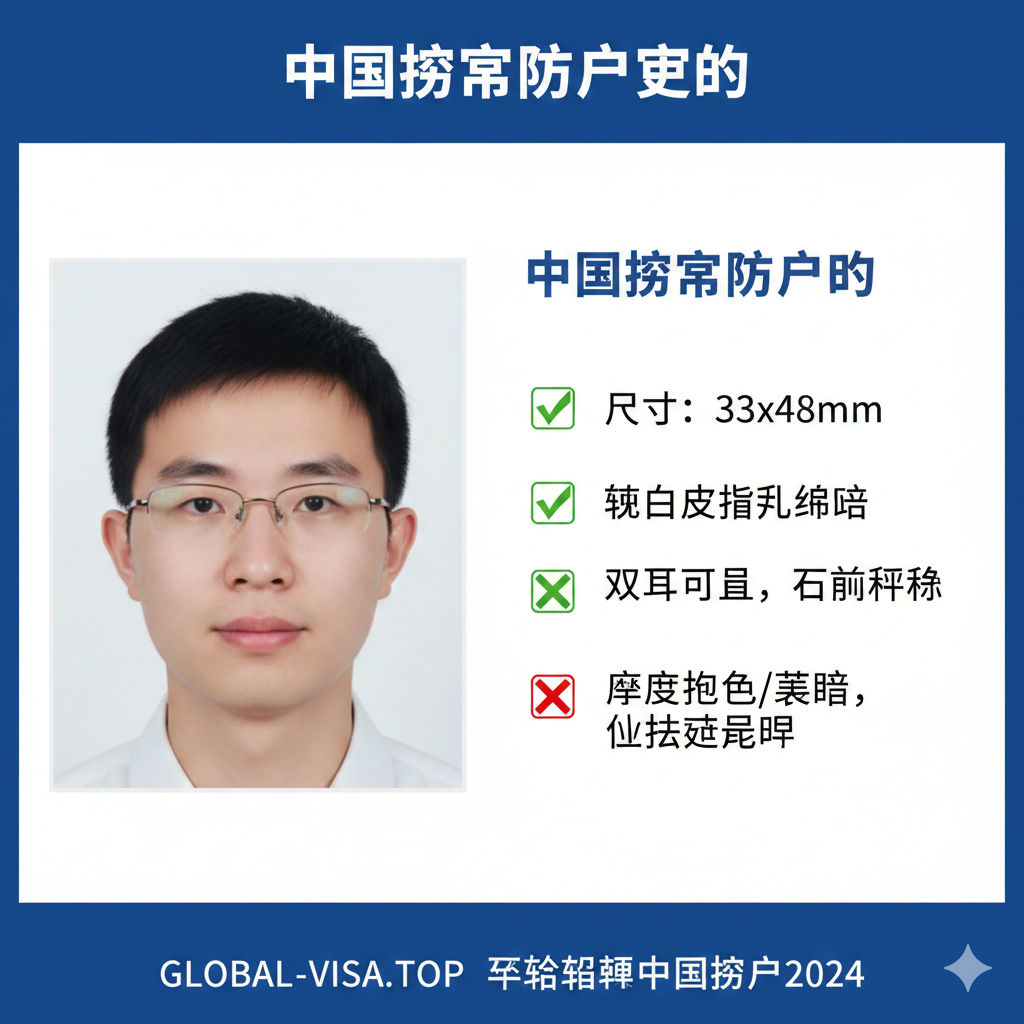 一张强调材料准备重要性，特别是照片要求的图片。画面左侧展示一张合规的中国护照照片示例（纯白背景、正面、清晰）。右侧则是一个带有✅和❌标记的清单，列出照片的关键要求（如尺寸33x48mm、纯白背景、无阴影、可见双耳）。整体采用对比构图，提醒用户“易错点”，突显照片是申请成功与否的关键要素。风格应为专业的、清单式的视觉呈现。