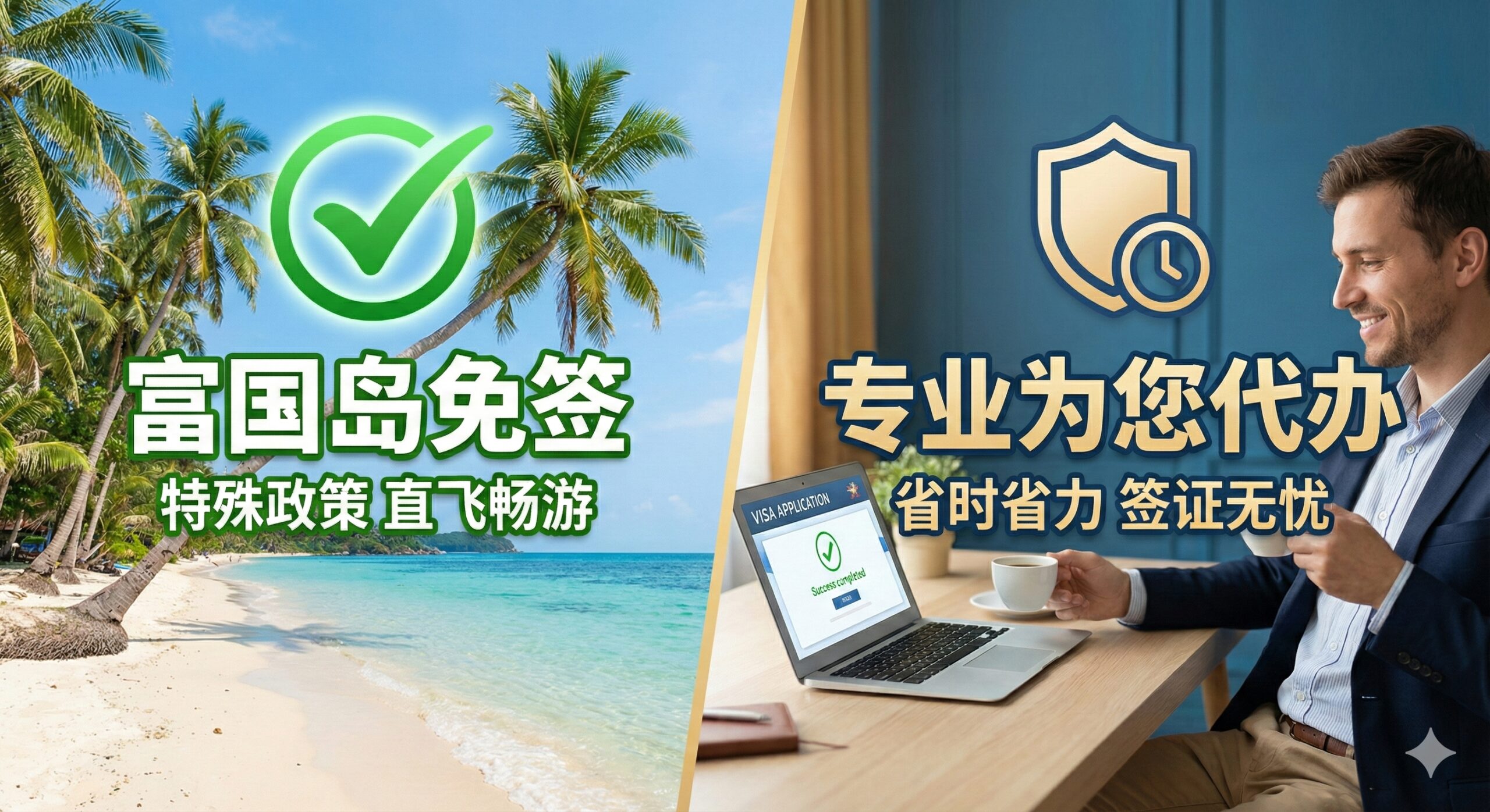 优势特点图,聚焦于富国岛(Phu Quoc)的免签特殊政策和代办服务的优势。左侧是富国岛的沙滩、棕榈树和清澈海水的度假场景,上方悬浮着一个大大的绿色'YES'或打勾符号,突出'富国岛免签'。右侧是一个商务人士或旅行者在笔记本电脑前轻松完成签证申请的场景,体现'global-visa.top专业代办'的省时省力。使用对比鲜明的颜色区分两种优势,既有旅行的轻松感,又有服务的专业性,强调'特殊免签'和'专业保障'。