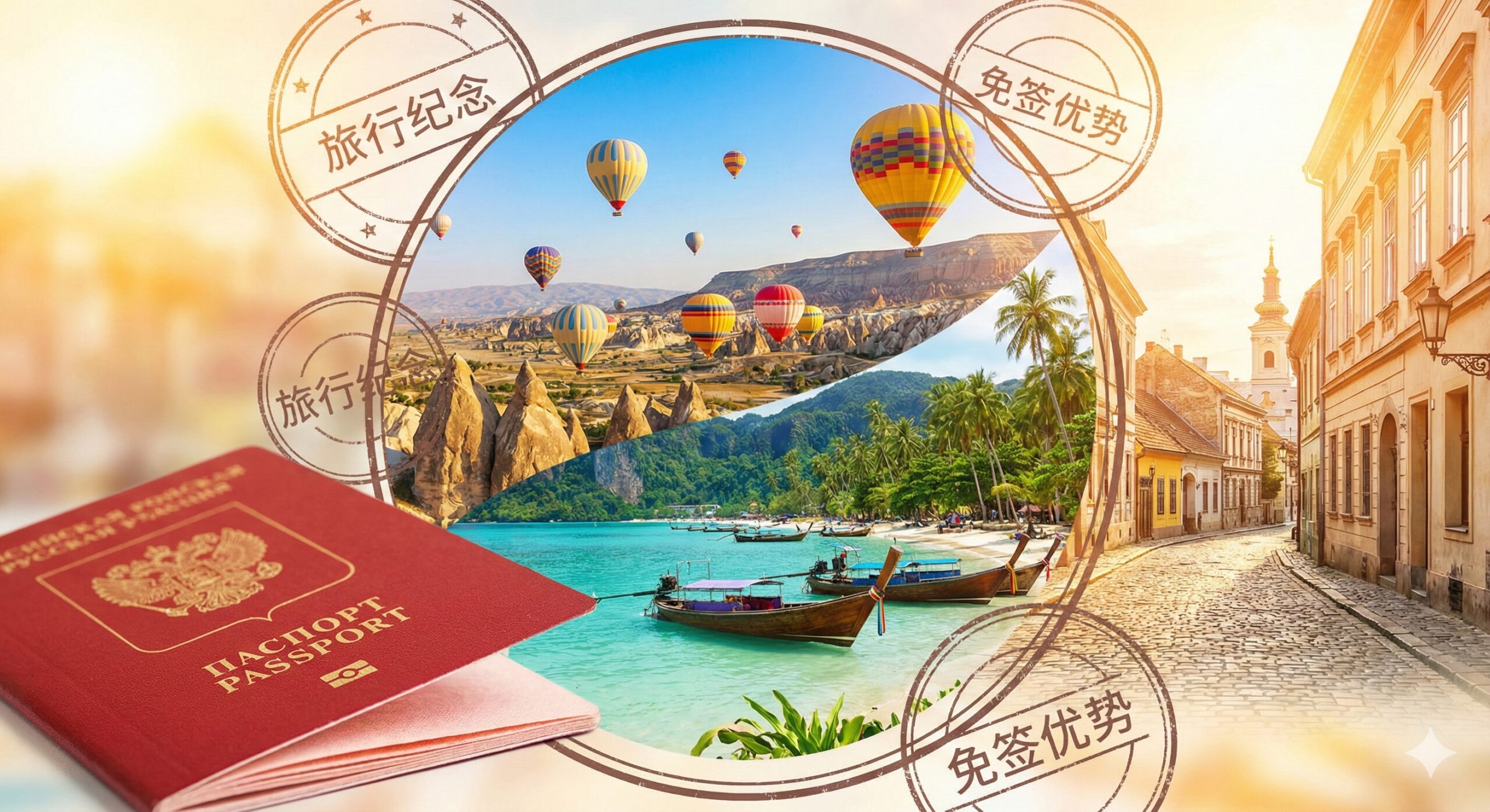 A vibrant travel montage featuring key destinations friendly to Russian tourists. The composition layers iconic imagery such as the hot air balloons of Cappadocia (Turkey), the beaches of Phuket (Thailand), and the streets of Belgrade (Serbia). These images are framed by travel stamps and a Russian passport partially visible in the foreground. The atmosphere is sunny, inviting, and positive, showcasing the 'advantage' of accessible travel routes despite restrictions.